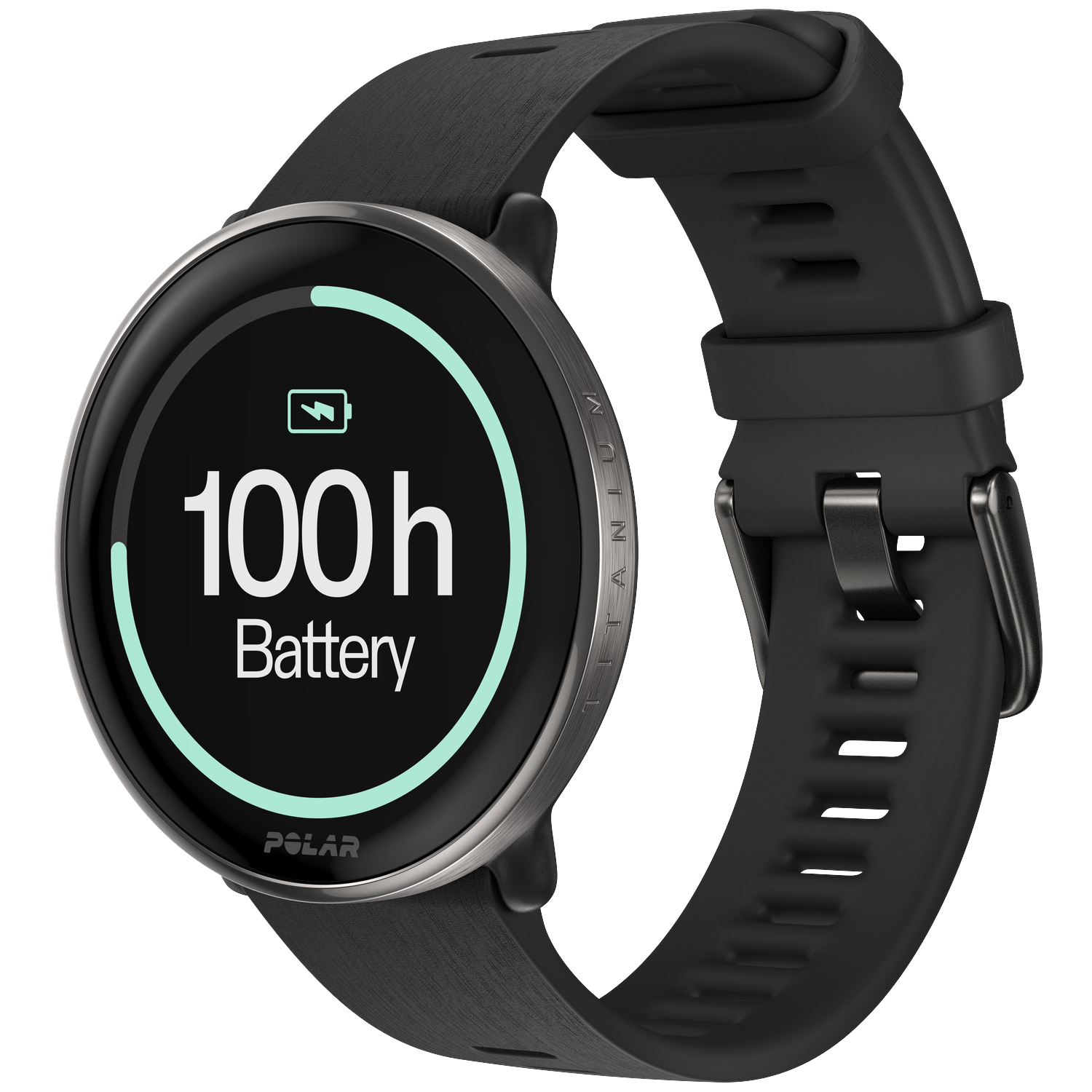 Une montre connectée Polar noire affiche 100h d'autonomie. La montre a un bracelet noir et une lunette en métal. L'écran est noir.