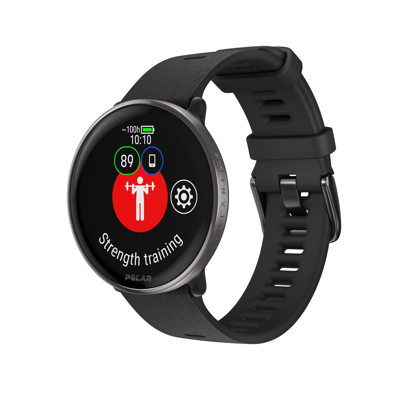 Une smartwatch Polar noire affiche les détails de l'entraînement de force. Elle dispose d'un écran rond, d'un bracelet noir et d'une icône rouge d'une personne soulevant des poids.