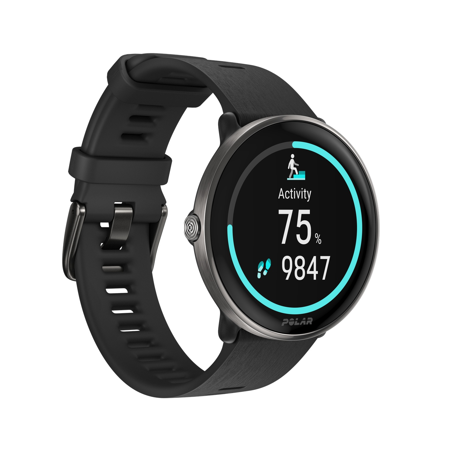 Montre connectée noire avec écran rond affichant les données d'activité. Elle affiche 'Activité 75% 9847' et la marque 'POLAR'.