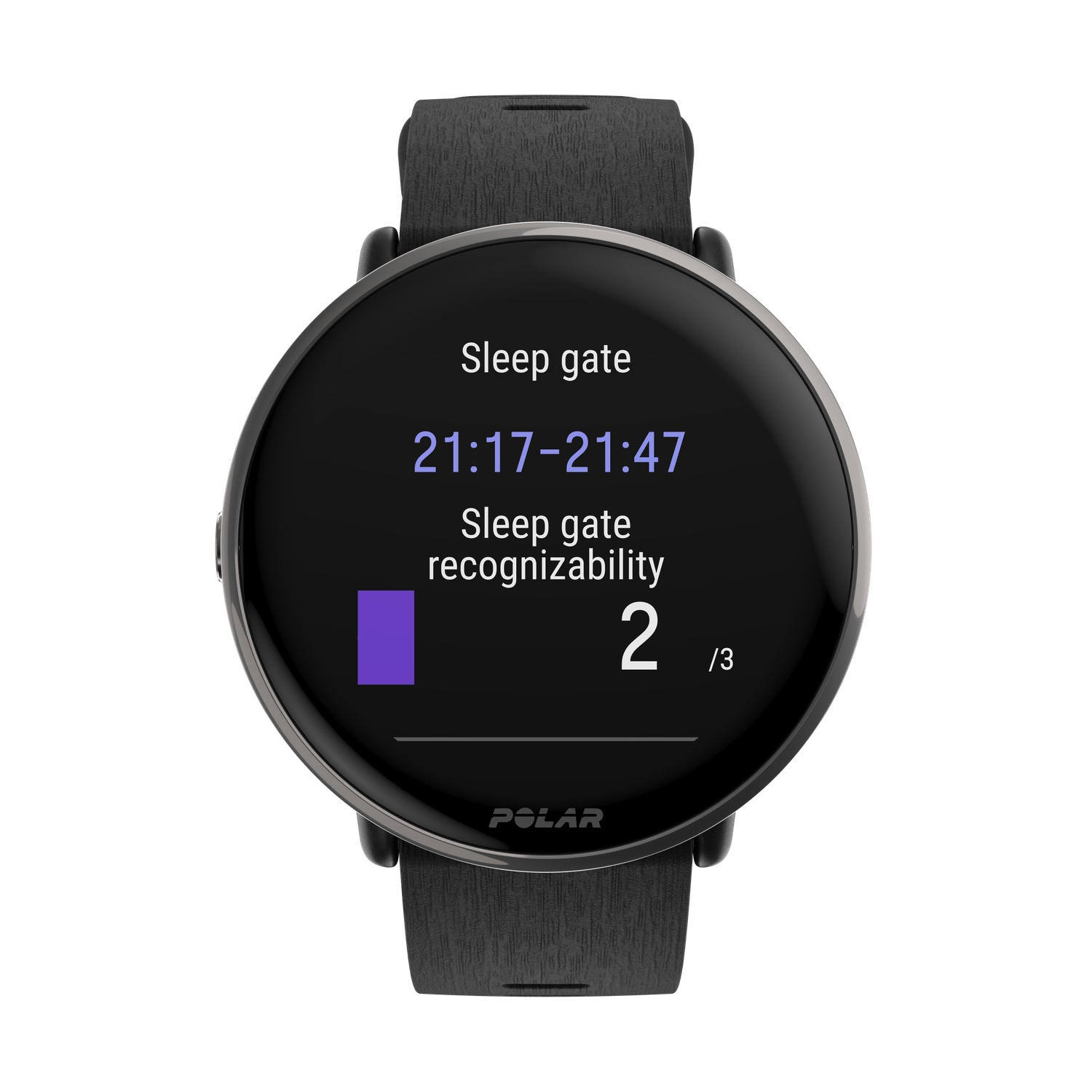 Une smartwatch Polar noire affiche des données de sommeil : heure, reconnaissance et une barre de progression. La montre est sur fond blanc.