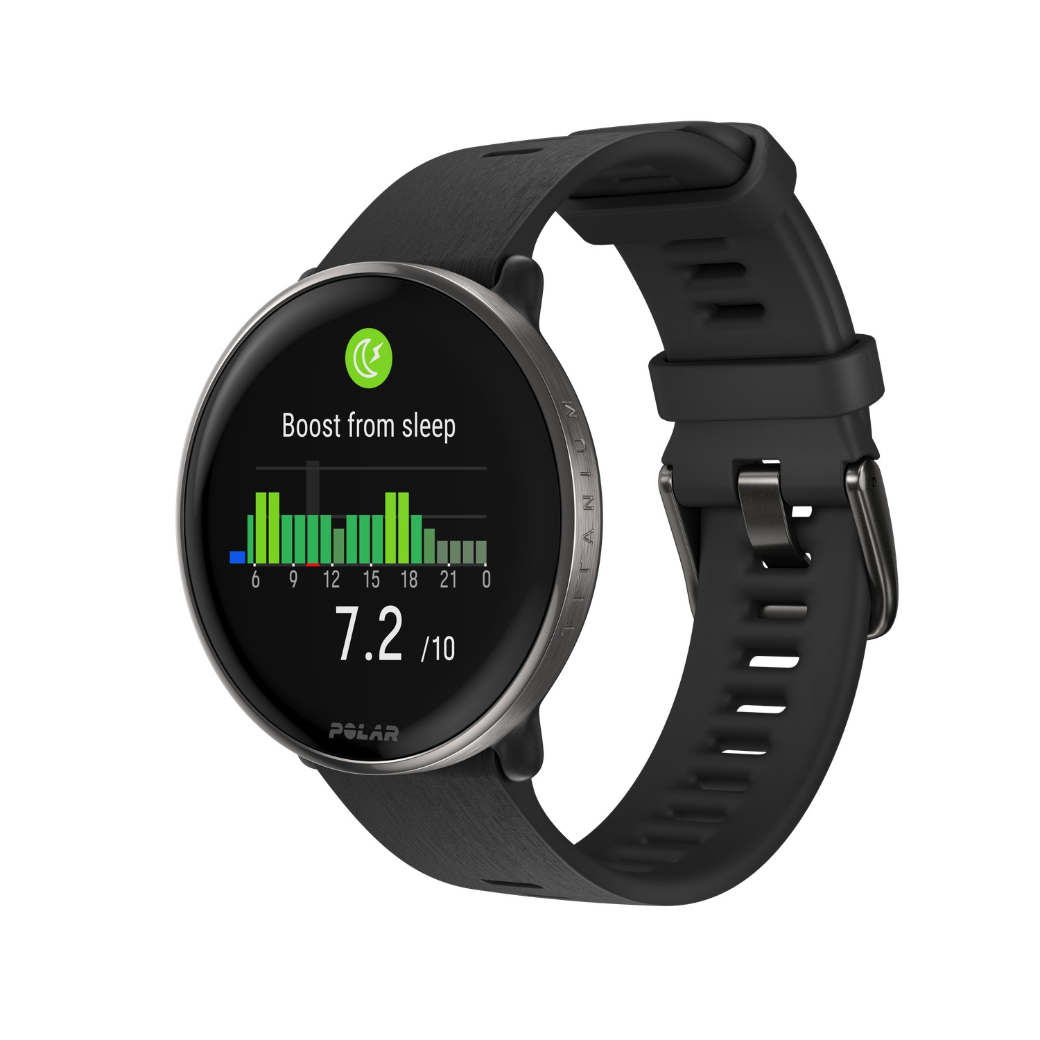 Une montre intelligente noire affiche les données de sommeil : score de 7.2/10. Le bracelet est noir avec un fermoir argenté. L'écran affiche un graphique vert.