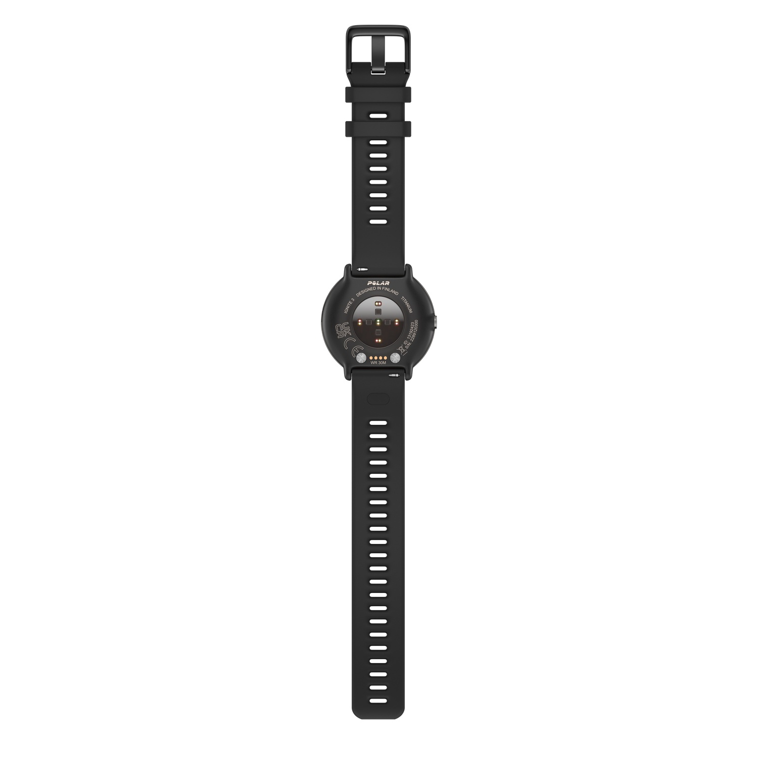 Une montre intelligente Polar Ignite 3 noire est présentée sur fond blanc. La montre a un cadran rond et un bracelet noir percé de trous.
