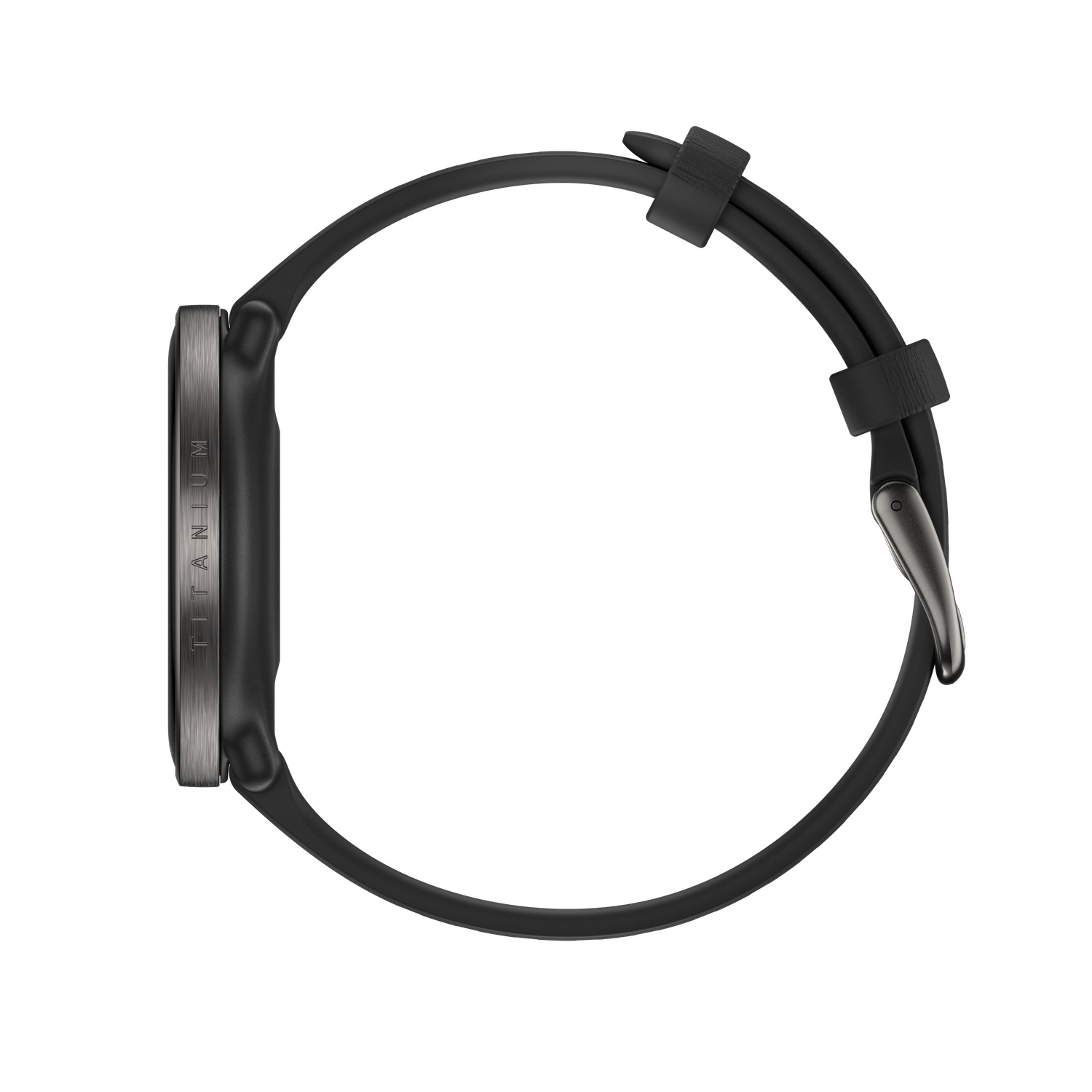 Une montre intelligente en titane noir avec un bracelet noir est présentée sur fond blanc. La montre affiche le mot 'TITANIUM'.