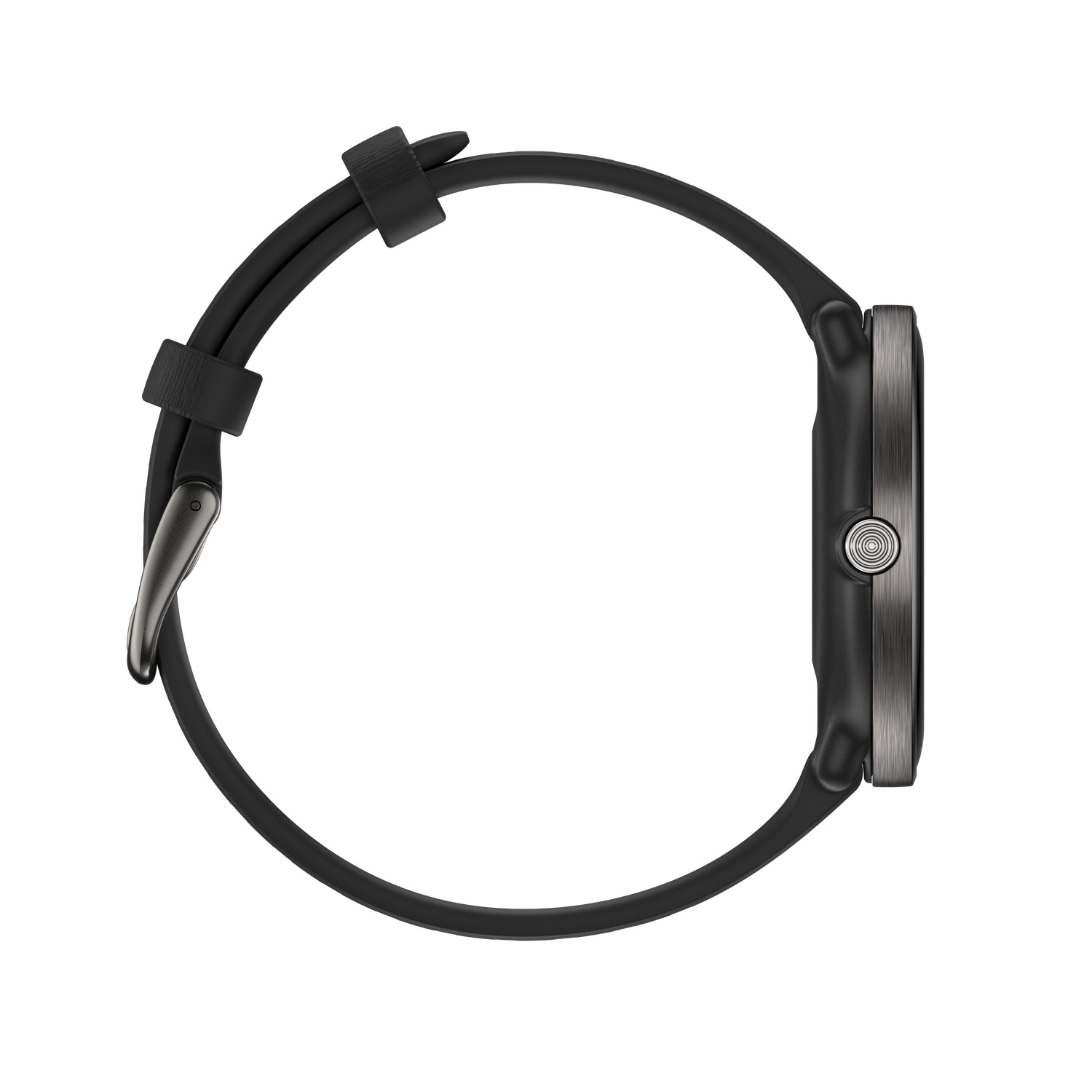 Montre intelligente noire avec écran rond et bracelet noir, vue latérale. La montre a une finition métallique.