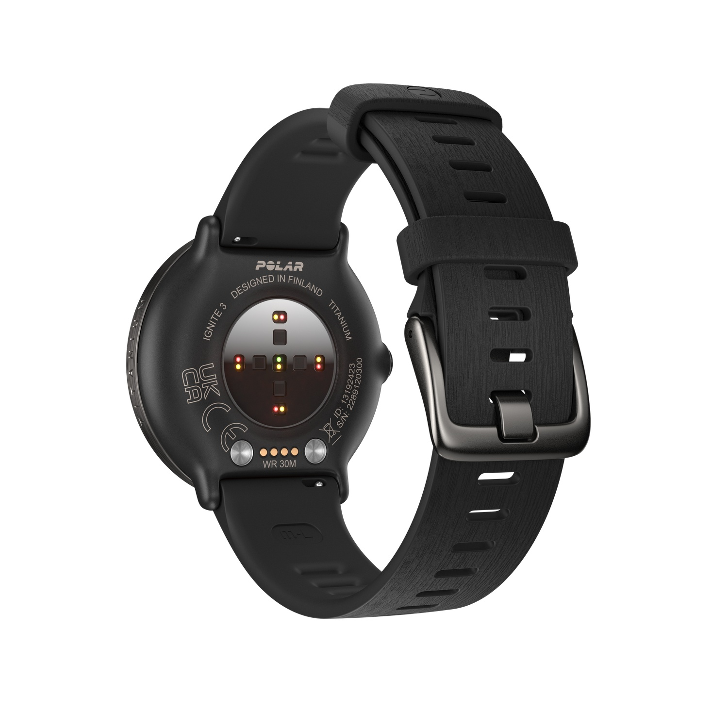 Montre intelligente Polar Ignite 3 noire. Le cadran est rond, avec un bracelet noir. Le dos a des capteurs et le texte : Designed in Finland.