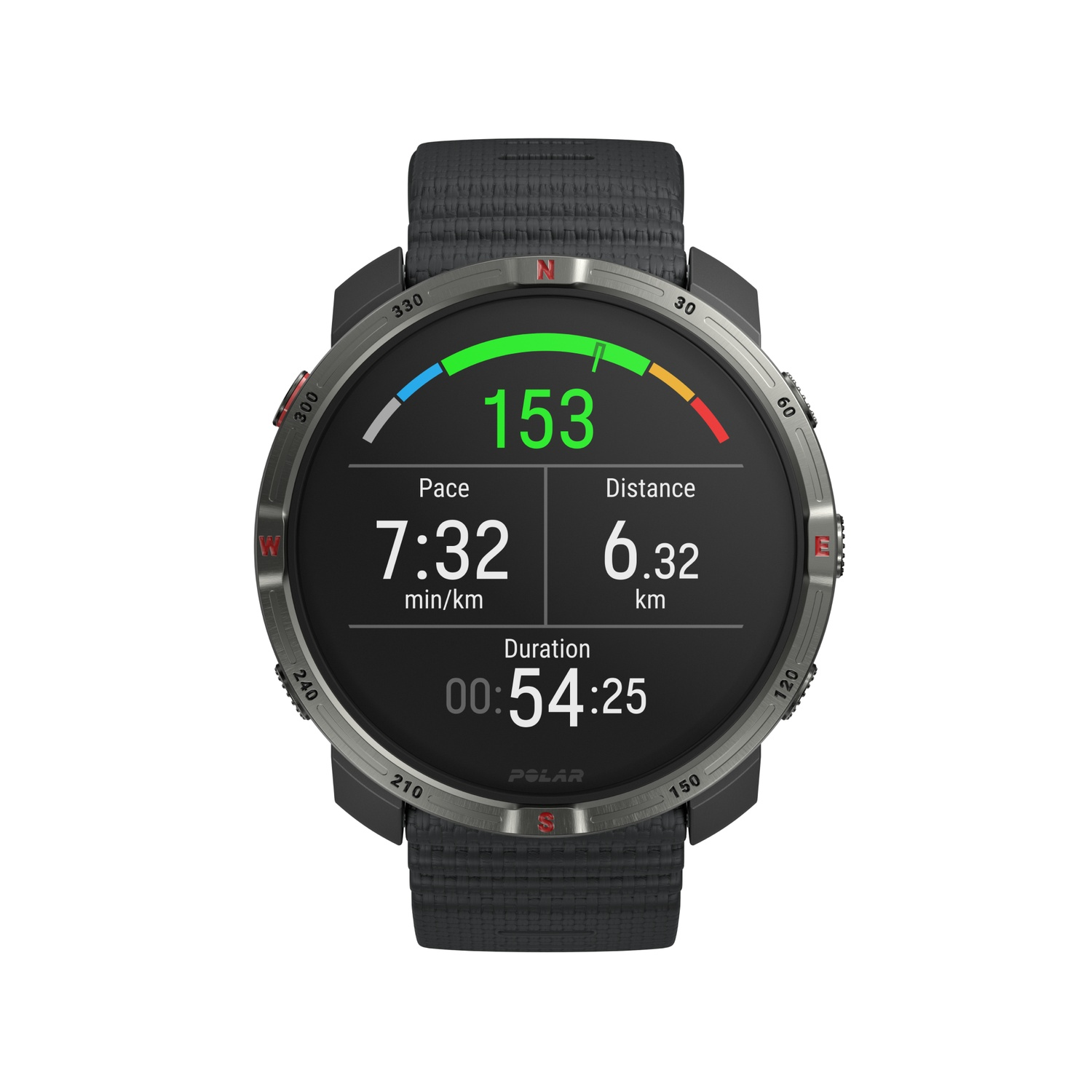 A black Polar smartwatch displays running data: pace 7:32, distance 6.32 km, duration 00:54:25, and heart rate 153. The watch has a gray strap.