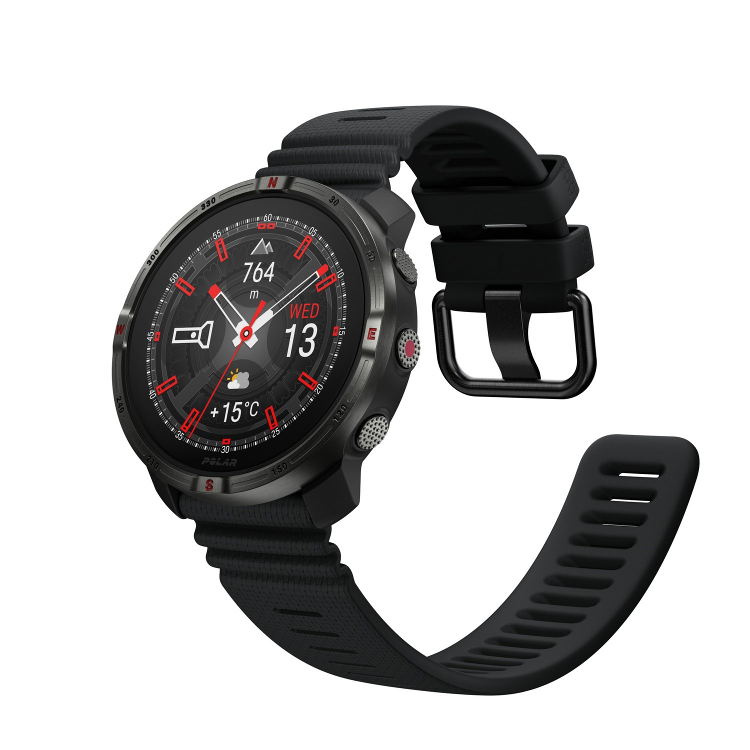 A black Polar smartwatch with a circular face. The display shows altitude, date, and temperature. The watchband is black.