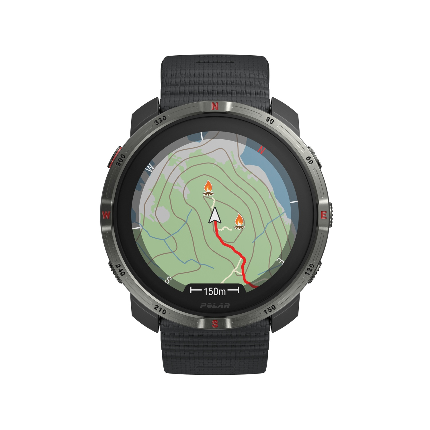 A smartwatch displays a map with a red route, compass markings, and elevation lines. The watch has a gray bezel and a black strap.