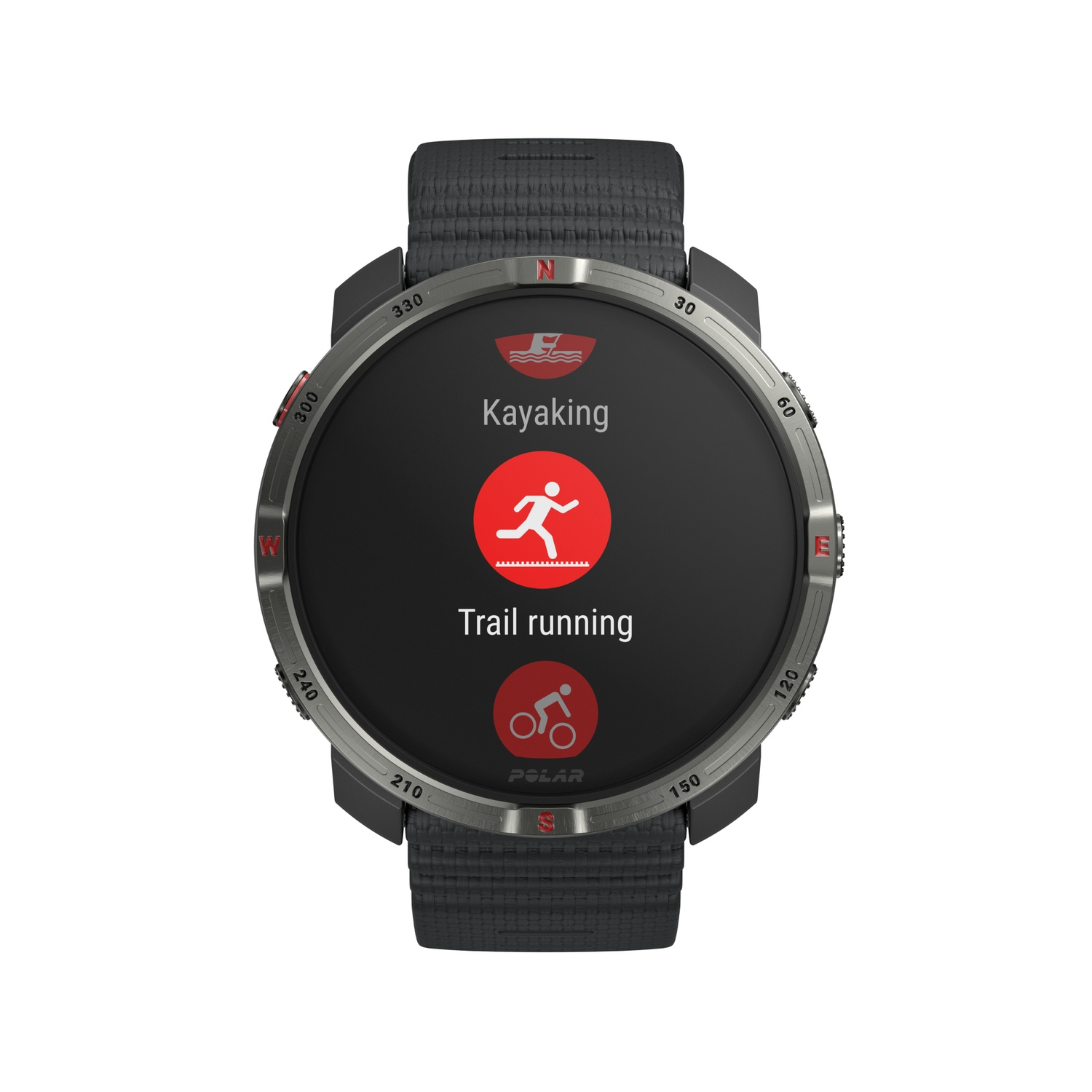 A Polar smartwatch showing kayaking and trail running options. The watch is black and silver with a grey strap.