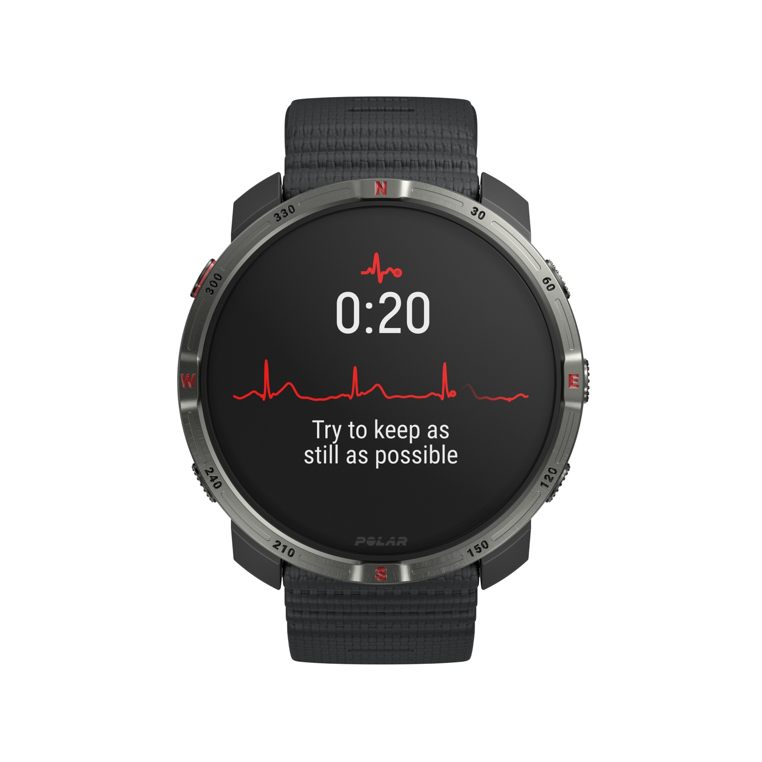 A smartwatch displays a heart rate graph, time 0:20, and text 'Try to keep as still as possible'. The watch has a black band.
