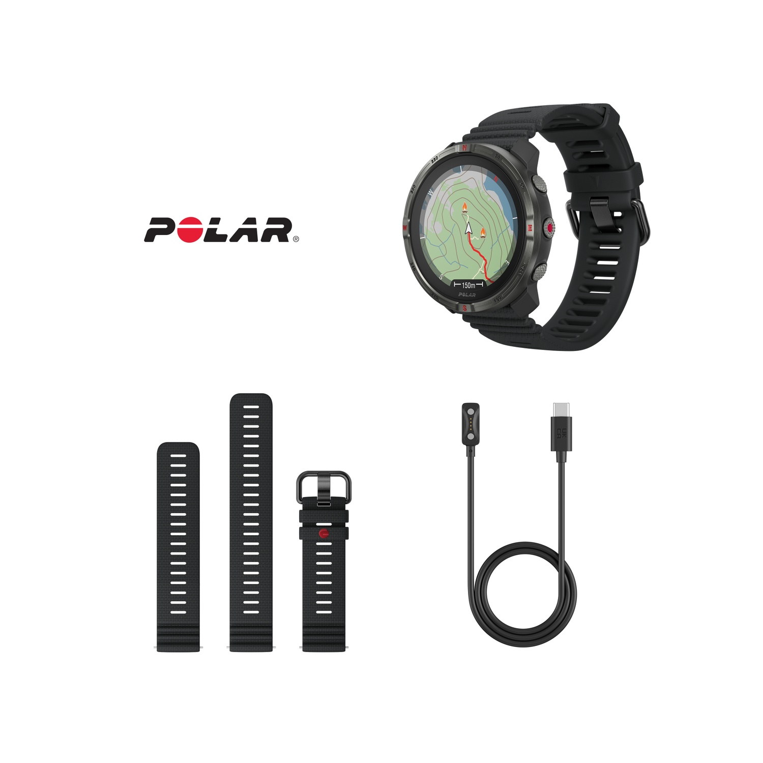 Polar watch with map display, watch straps, charging cable and Polar logo on white background.
