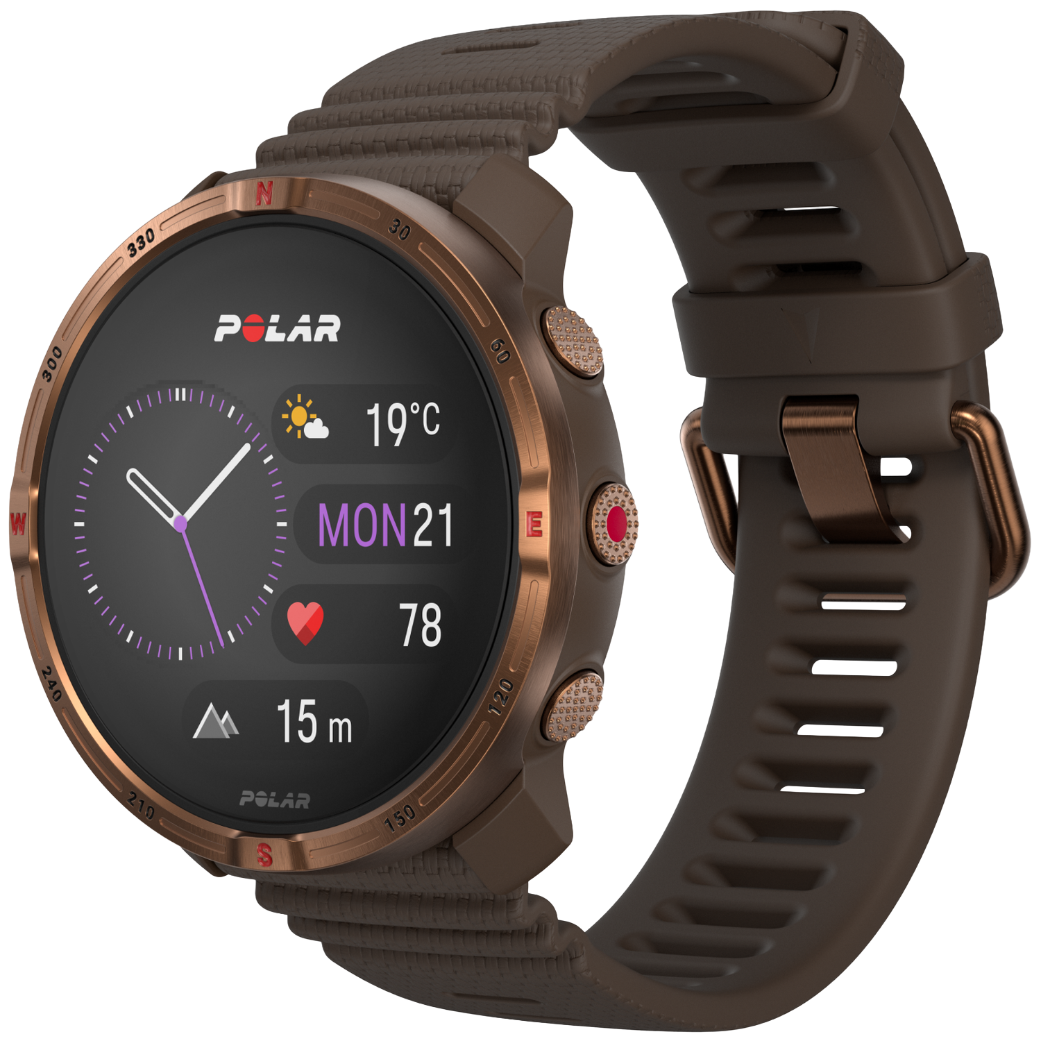 Une montre intelligente Polar marron affiche l'heure, la météo et les données de santé. La montre a un bracelet marron, le fond est blanc.