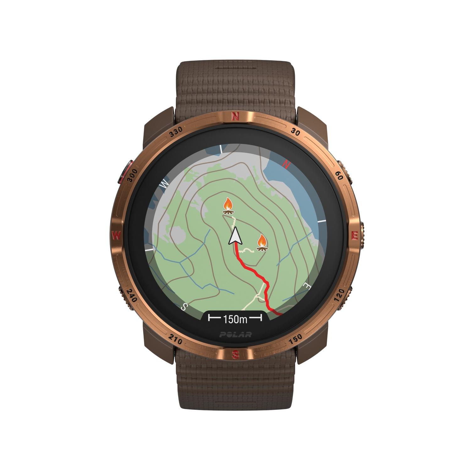 Une montre connectée marron affiche une carte avec un itinéraire rouge et deux icônes de feu. La montre a une lunette bronze et un bracelet marron.