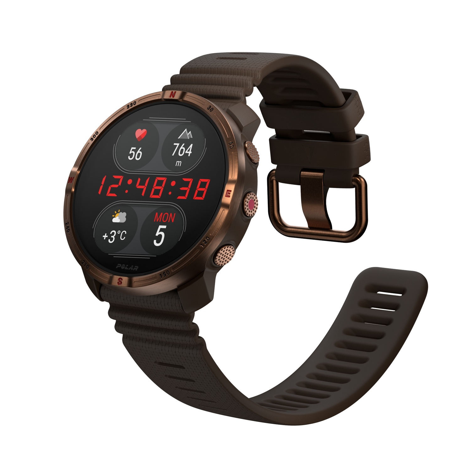 Une montre connectée marron avec un écran sombre affichant l'heure, la fréquence cardiaque et l'altitude. Bracelet marron et lunette bronze.