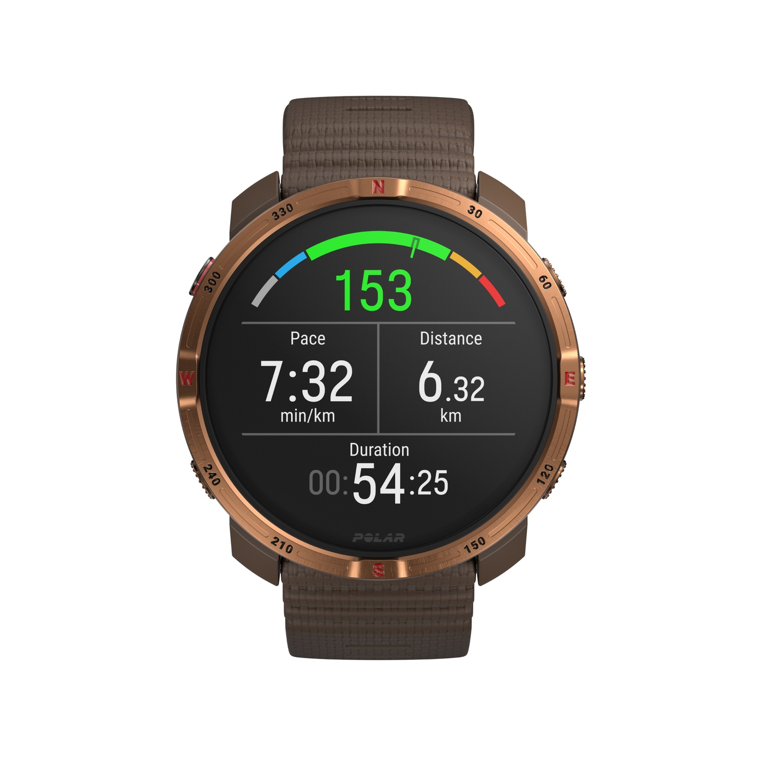 Une montre de sport Polar affiche l'allure, la distance et la durée. La montre a un bracelet marron et une lunette dorée. L'écran affiche des données.