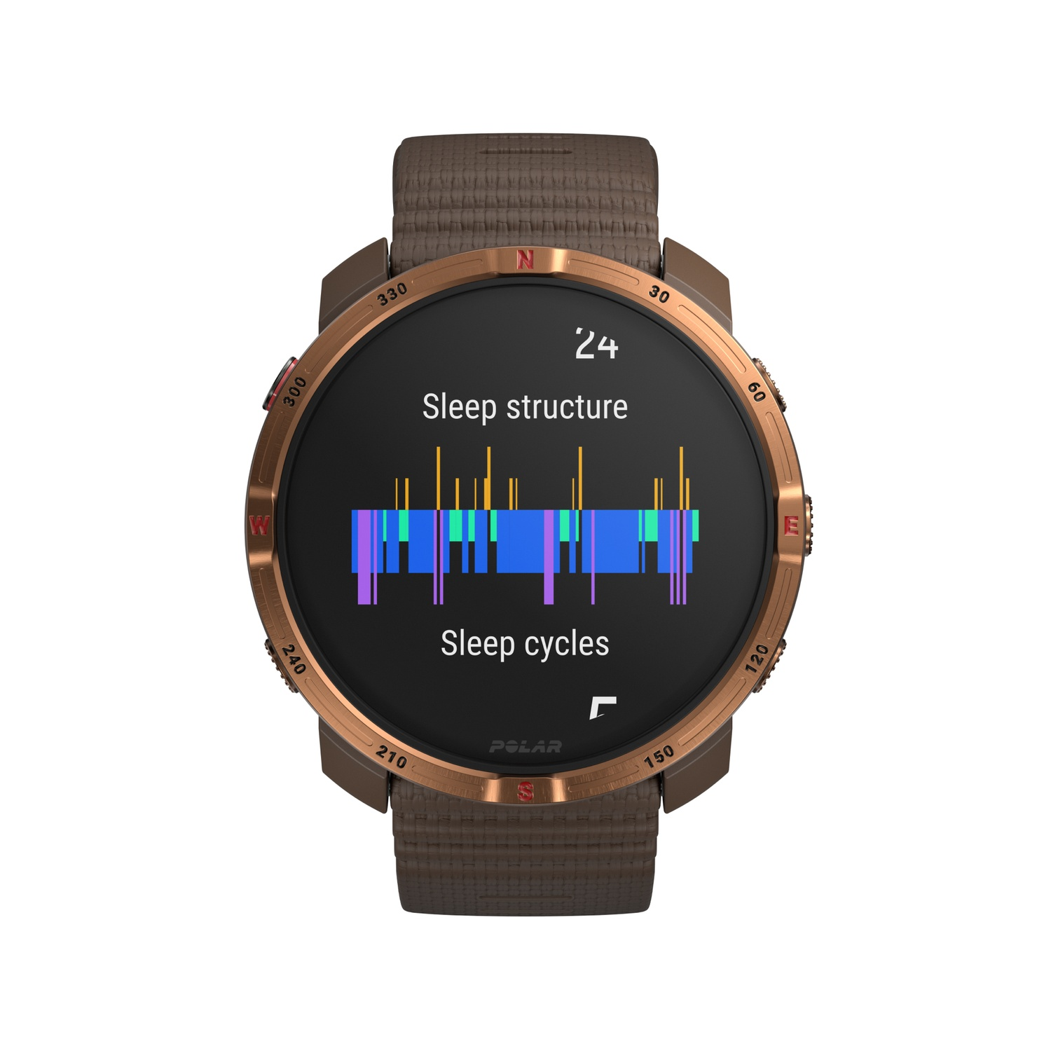 Une montre intelligente marron affiche des données de sommeil. L'écran montre la structure et les cycles de sommeil avec des graphiques colorés. La montre a un bracelet marron.