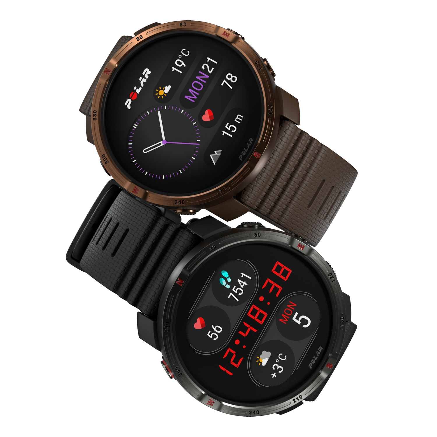 Deux montres intelligentes Polar. Une marron, l'autre noire, affichant l'heure, la température, la fréquence cardiaque et d'autres données.