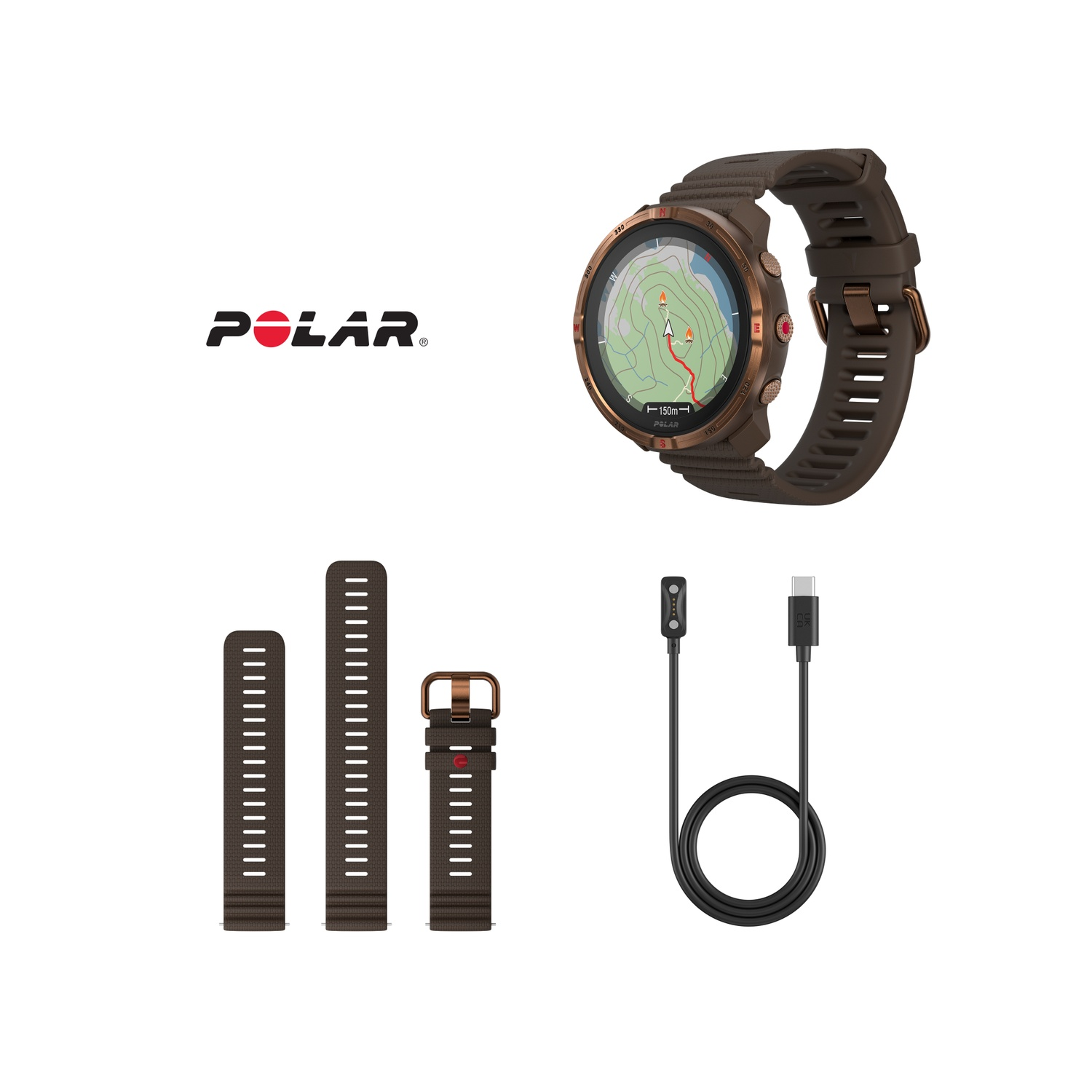 Montre Polar avec bracelet marron, bracelets supplémentaires, un câble de chargement et le logo de la marque, sur fond blanc.