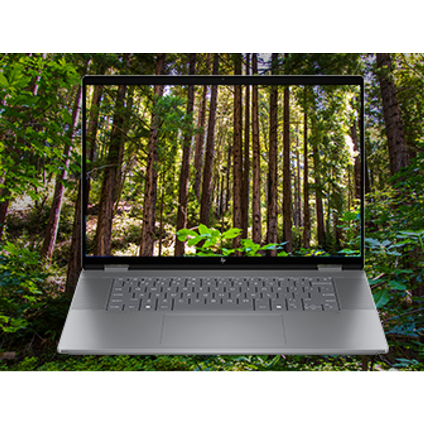 Laptop wyświetla scenę leśną. Laptop jest szary, klawiatura widoczna. Drzewa i liście otaczają laptopa.