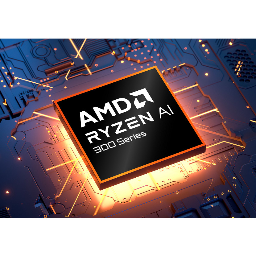 Zbliżenie układu procesora AMD Ryzen AI serii 300. Układ jest czarny z białym tekstem, na płycie obwodu drukowanego z pomarańczowymi i niebieskimi światłami.