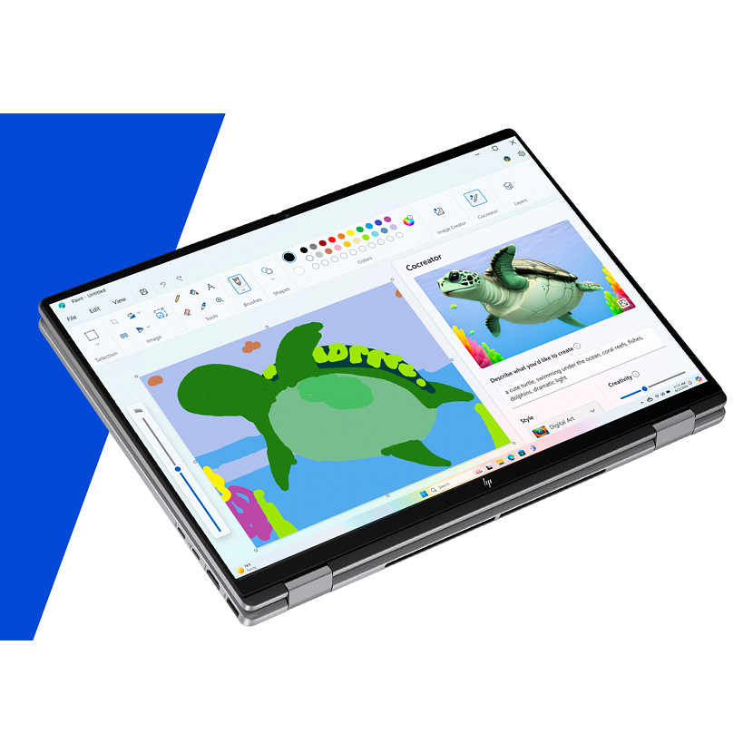 Een laptop toont een schildpadden tekening in een tekenprogramma. Het scherm toont een groene schildpad en tekenopties.
