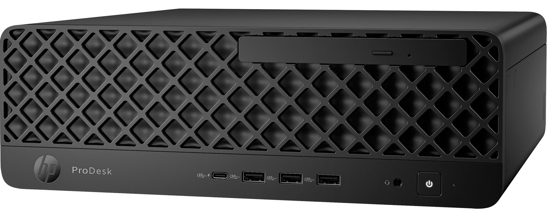 Schwarzer HP ProDesk Computer. Er hat eine rautenförmige Front, ein Laufwerk, USB-Anschlüsse und einen Power-Button.