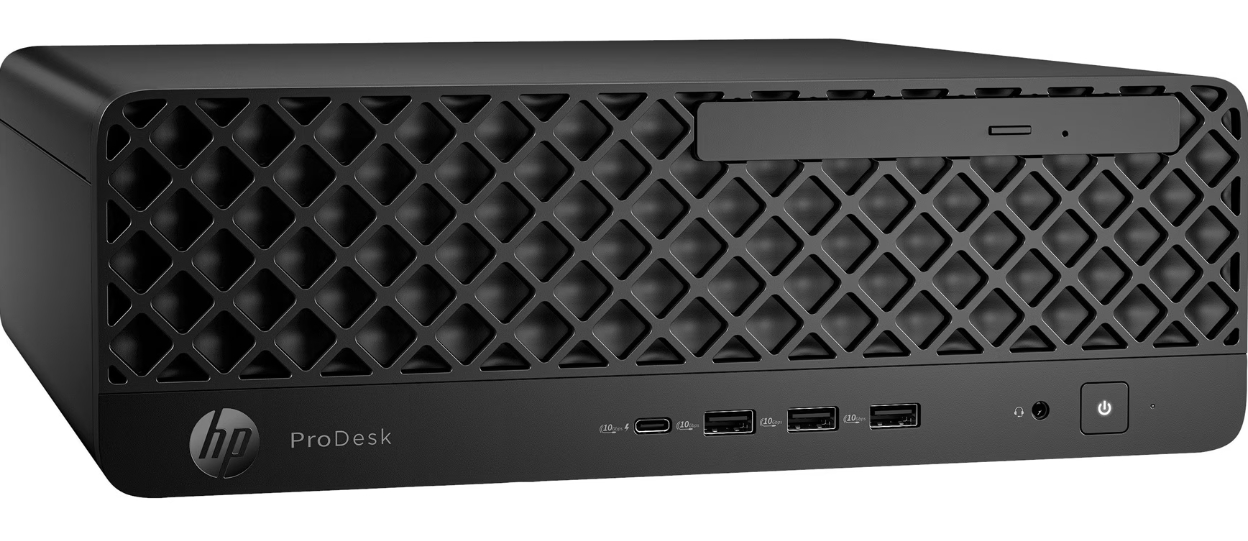 Schwarzer HP ProDesk Desktop-Computer. Er hat eine Frontplatte mit Rautenmuster, USB-Anschlüsse und einen Ein-/Ausschalter.