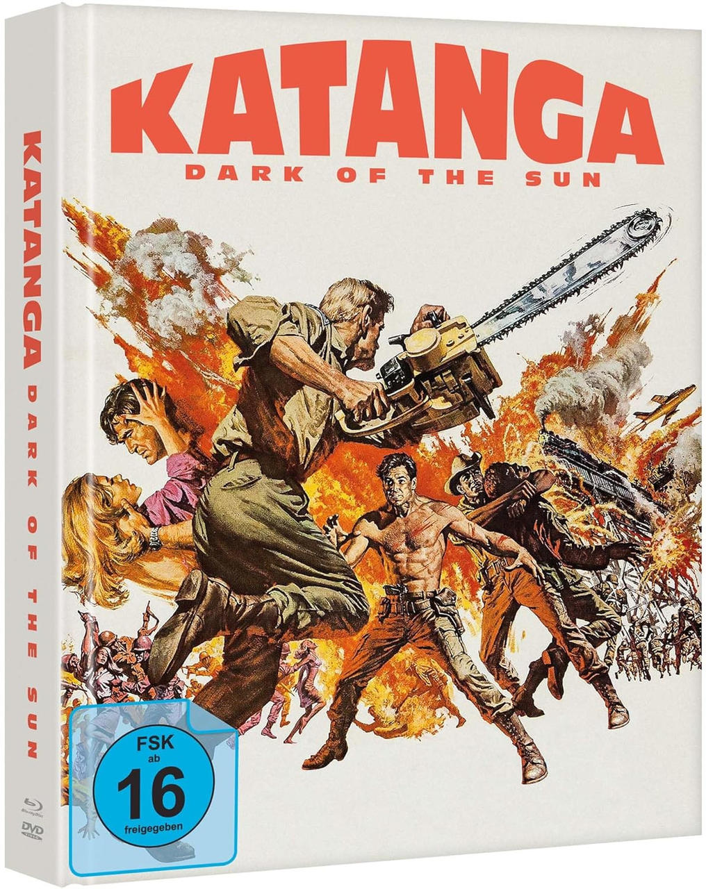 Filmcover. Ein Mann mit einer Kettensäge kämpft in einer Kriegsszene. Explosionen und Soldaten sind im Hintergrund. Der Titel ist 'Katanga'.