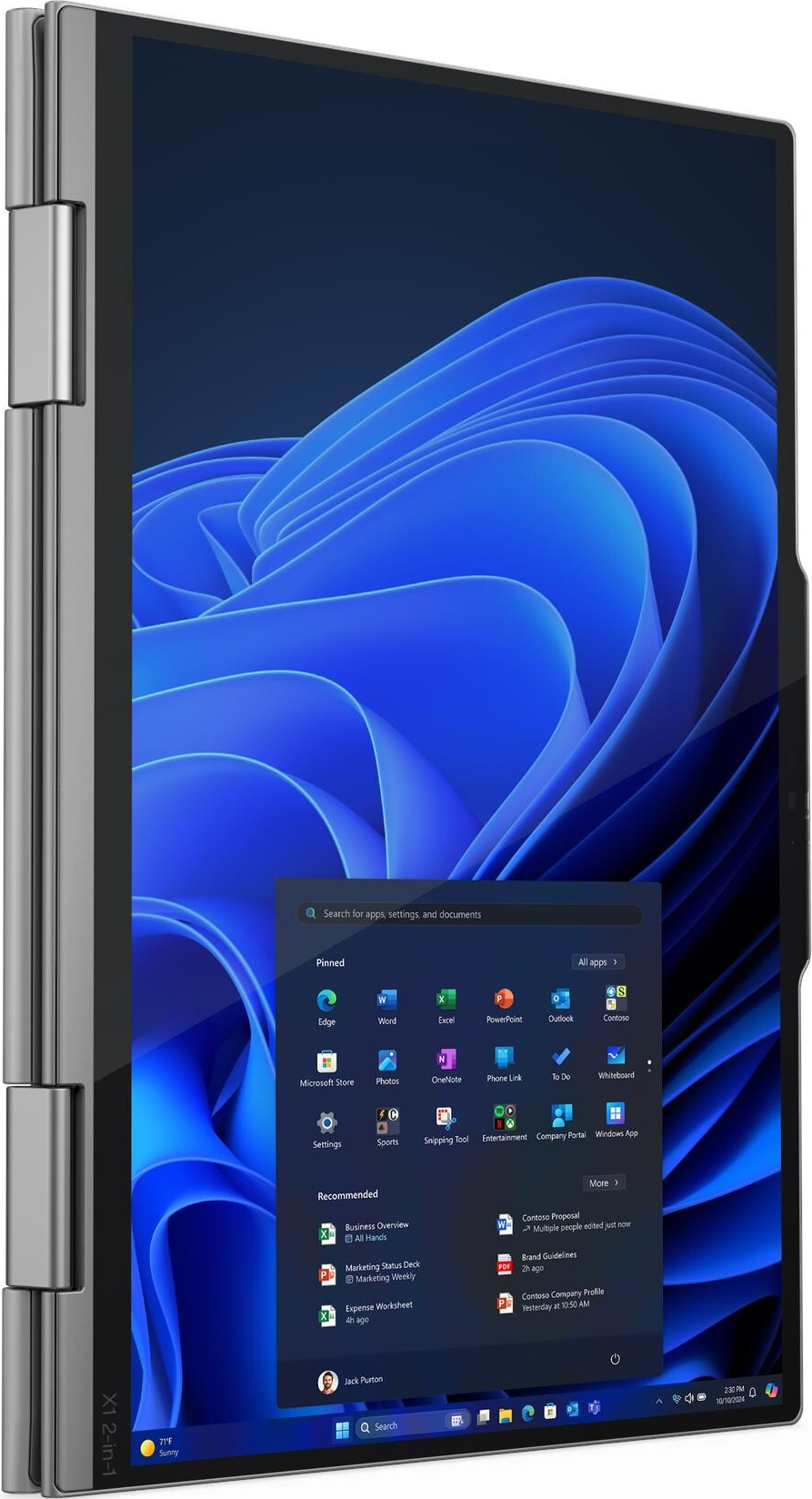 Ein Tablet mit Windows-Oberfläche. Der Bildschirm zeigt App-Symbole und einen blauen, abstrakten Hintergrund.