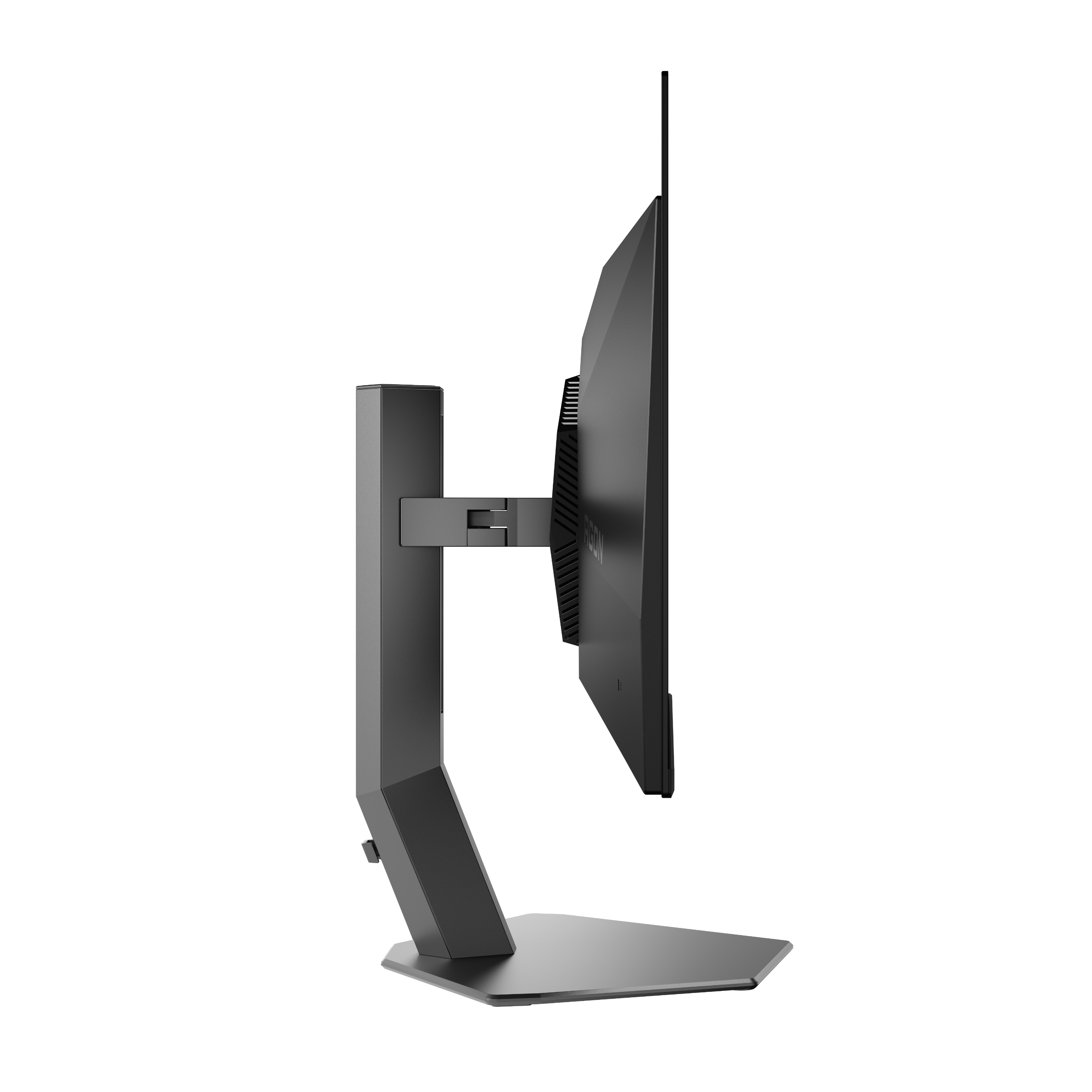 Seitenansicht eines grauen Computermonitors mit schwarzem Hintergrund. Der Monitor ist abgewinkelt und hat einen Ständer.