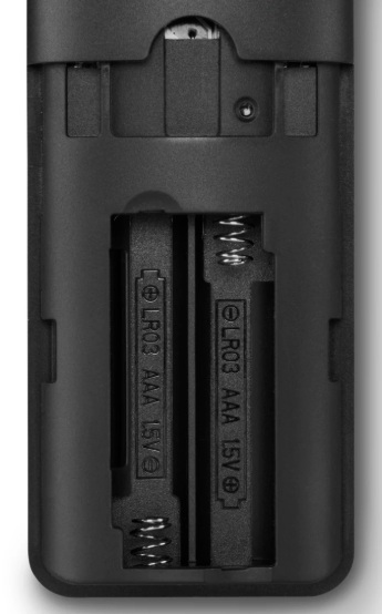 Wnętrze czarnego urządzenia z dwoma bateriami AAA. Urządzenie ma komorę na baterie ze sprężynami.