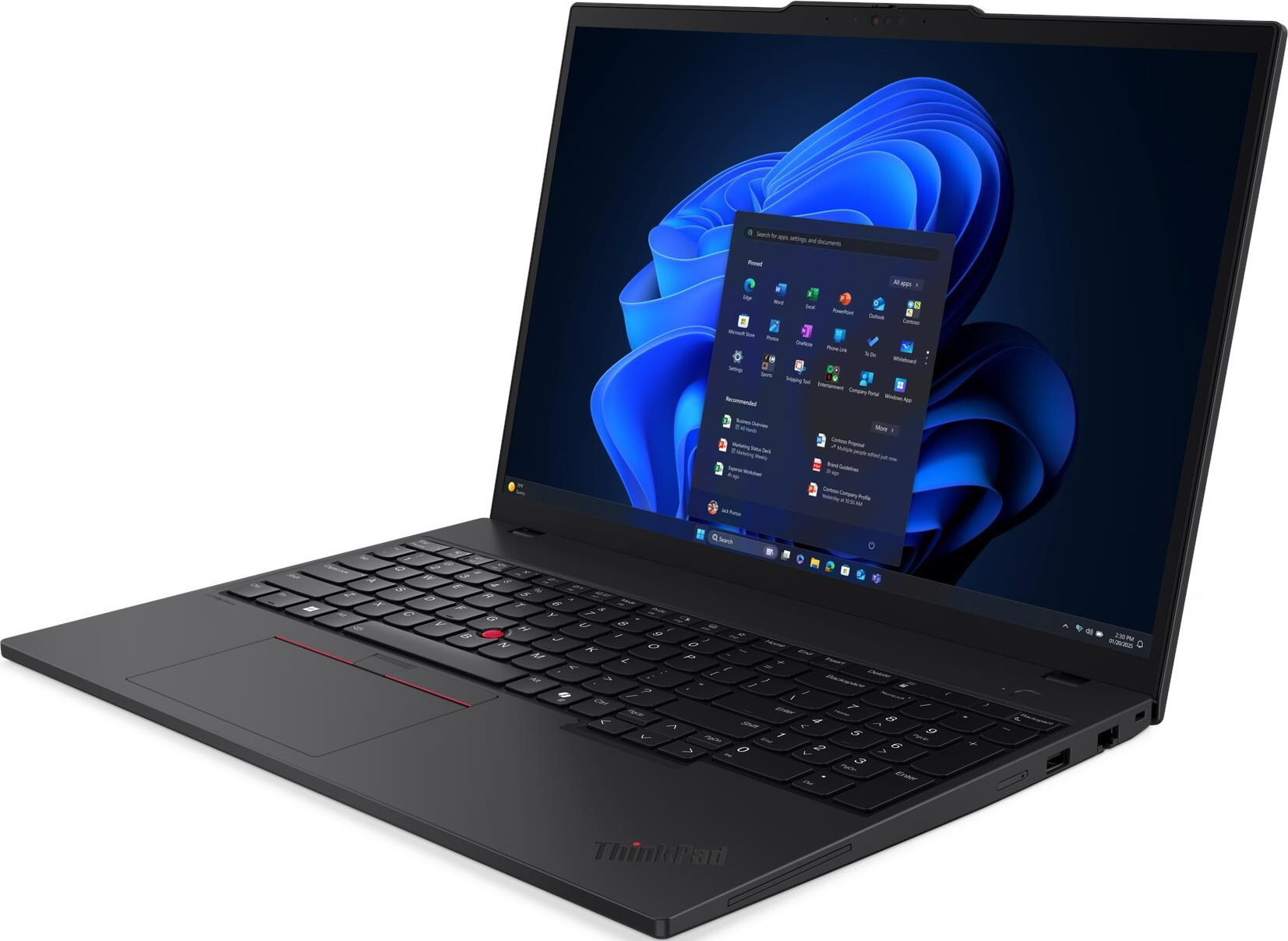 Schwarzer ThinkPad-Laptop. Der Bildschirm zeigt Windows-Apps. Tastatur mit rotem Trackpoint sichtbar. Dunkelblauer Hintergrund.