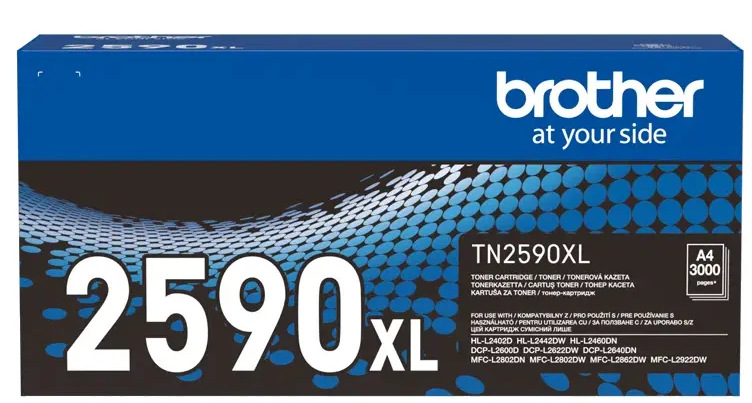 Niebieskie pudełko z tonerem Brother. Wyświetla 'TN2590XL' i logo Brother. Tekst wskazuje format A4 i wydajność 3000 stron.