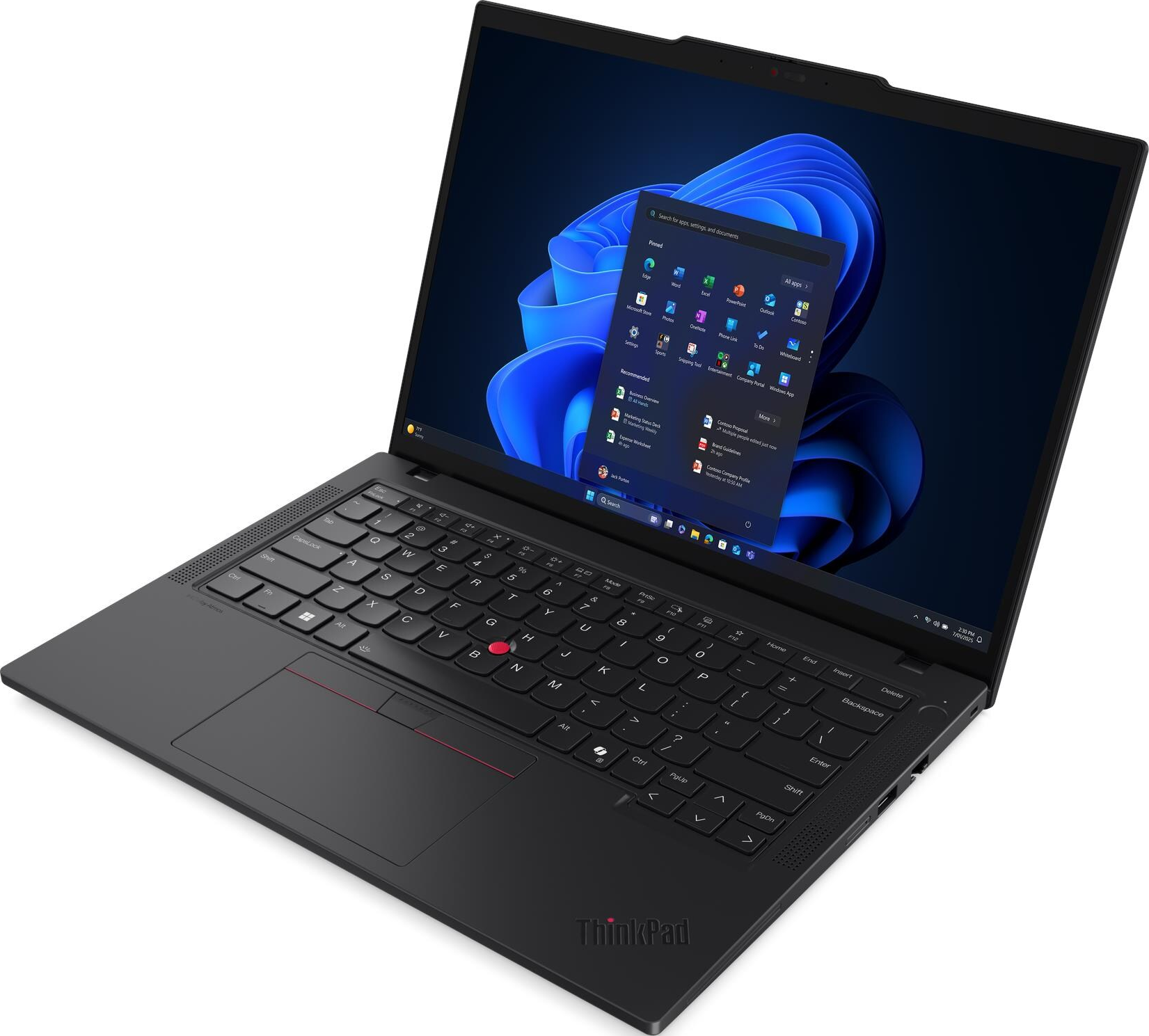 Schwarzer ThinkPad-Laptop, geöffnet, zeigt Windows 11-Oberfläche. Tastatur sichtbar, mit Trackpad und rotem Trackpoint. Bildschirm zeigt App-Symbole.