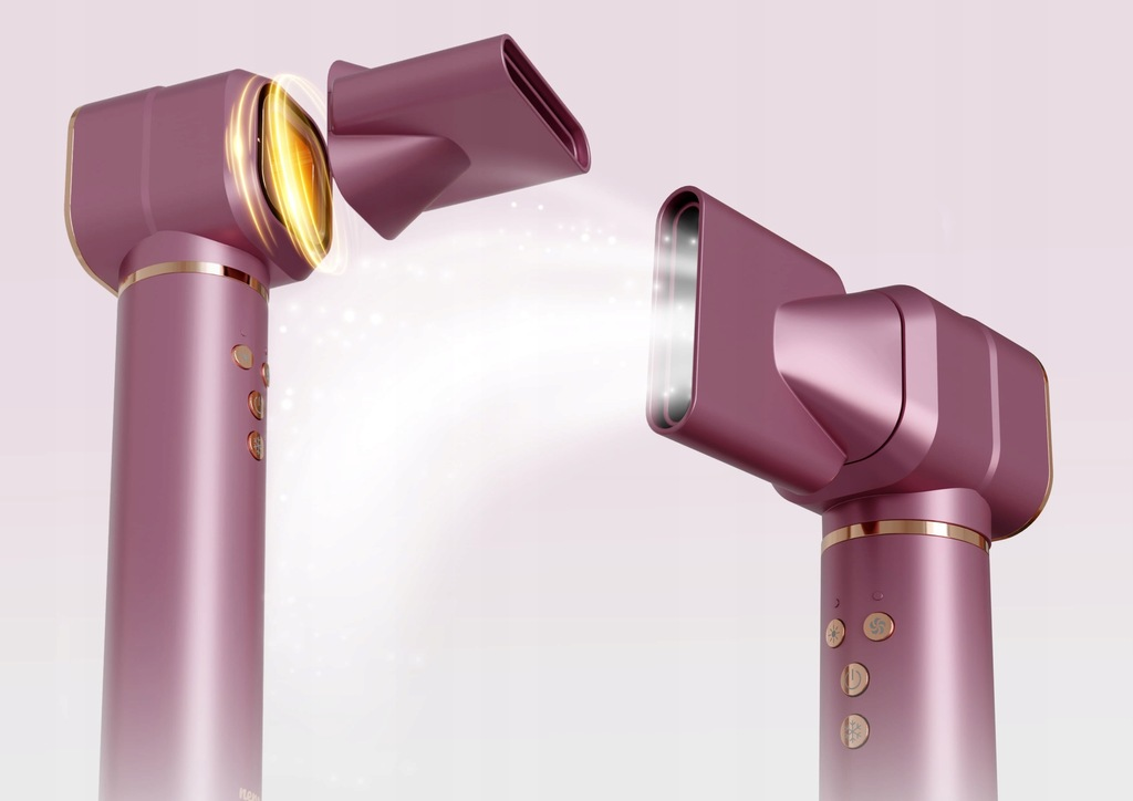 Dwie różowe suszarki do włosów, jedna emituje światło. Widoczne złote akcenty i przyciski sterowania. Miękkie różowe tło.