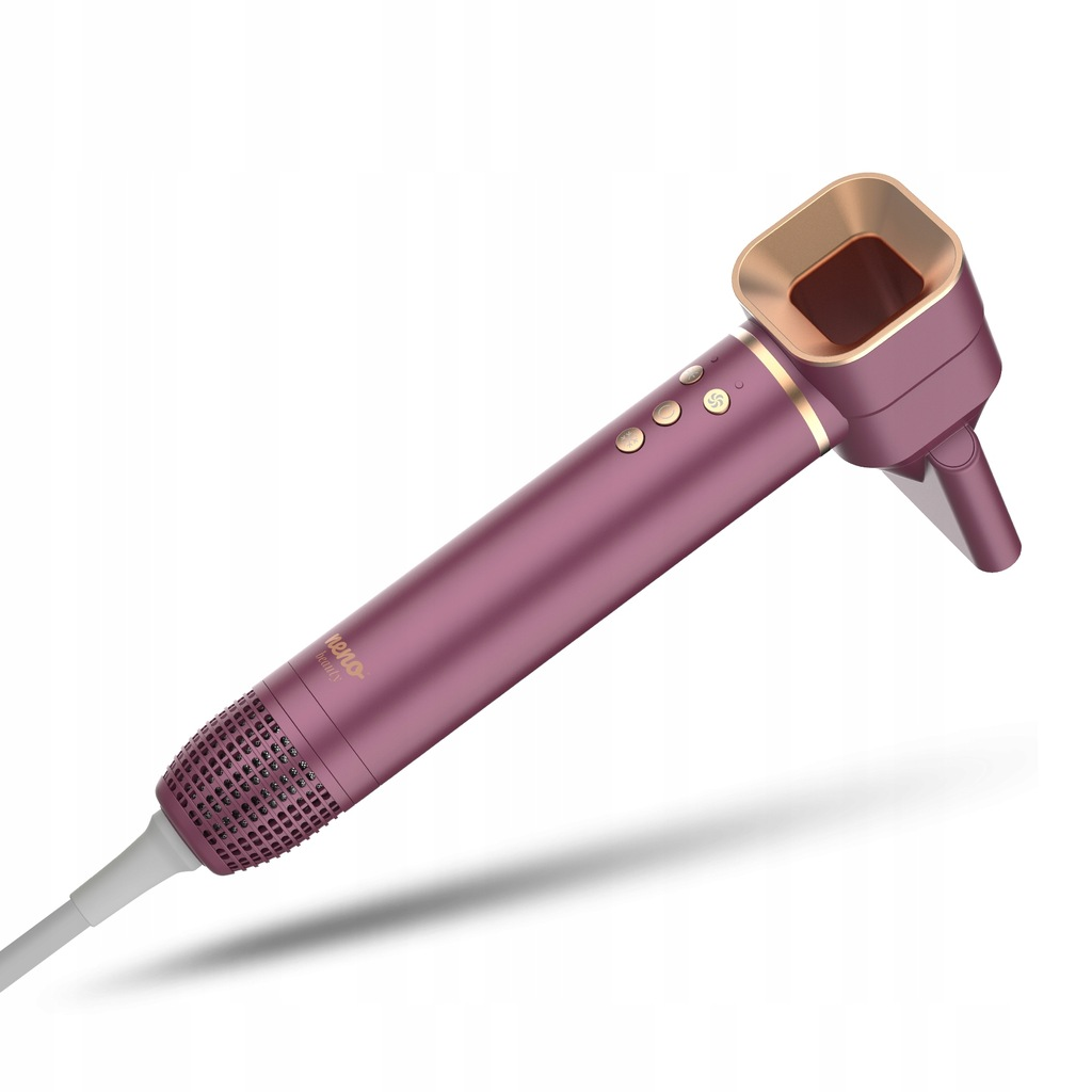 Fioletowo-złota suszarka do włosów, pod kątem na białym tle. Ma kwadratową dyszę i filtr siatkowy.