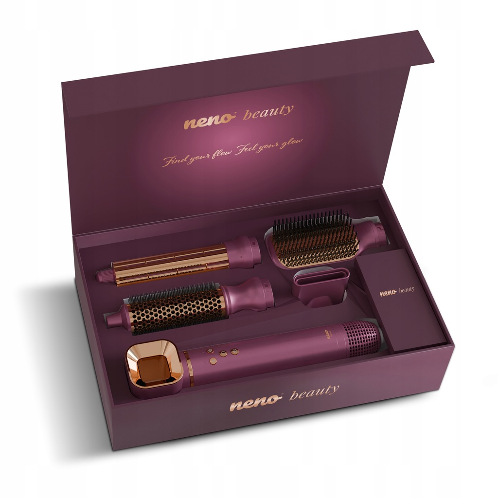 Zestaw kosmetyczny w fioletowym pudełku zawiera suszarkę do włosów, nasadki do szczotki i małą kartę. Na pudełku napis 'neno beauty'.