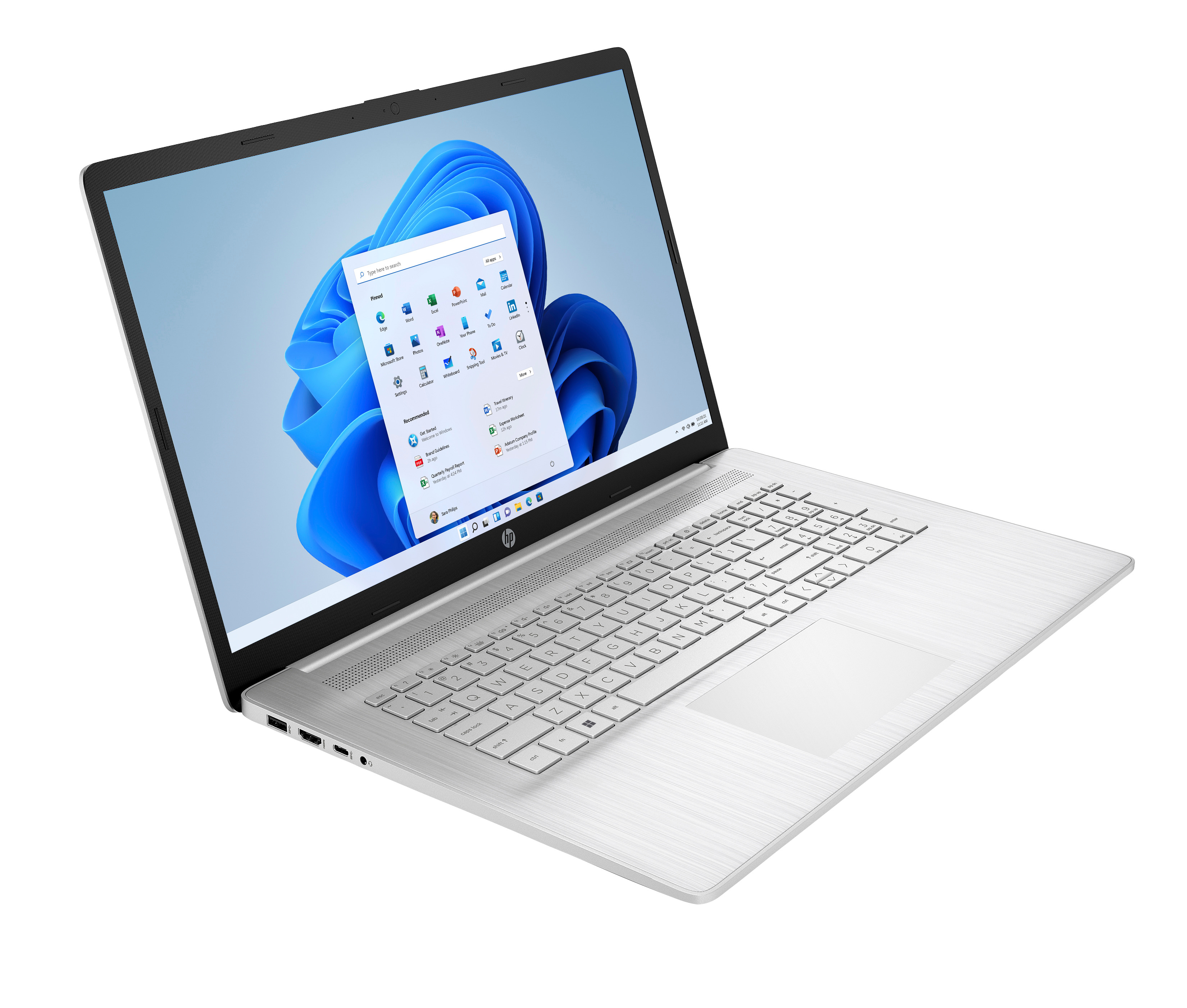 Srebrny laptop HP wyświetla Windows 11. Ekran pokazuje ikony aplikacji i pasek wyszukiwania. Czarne tło.