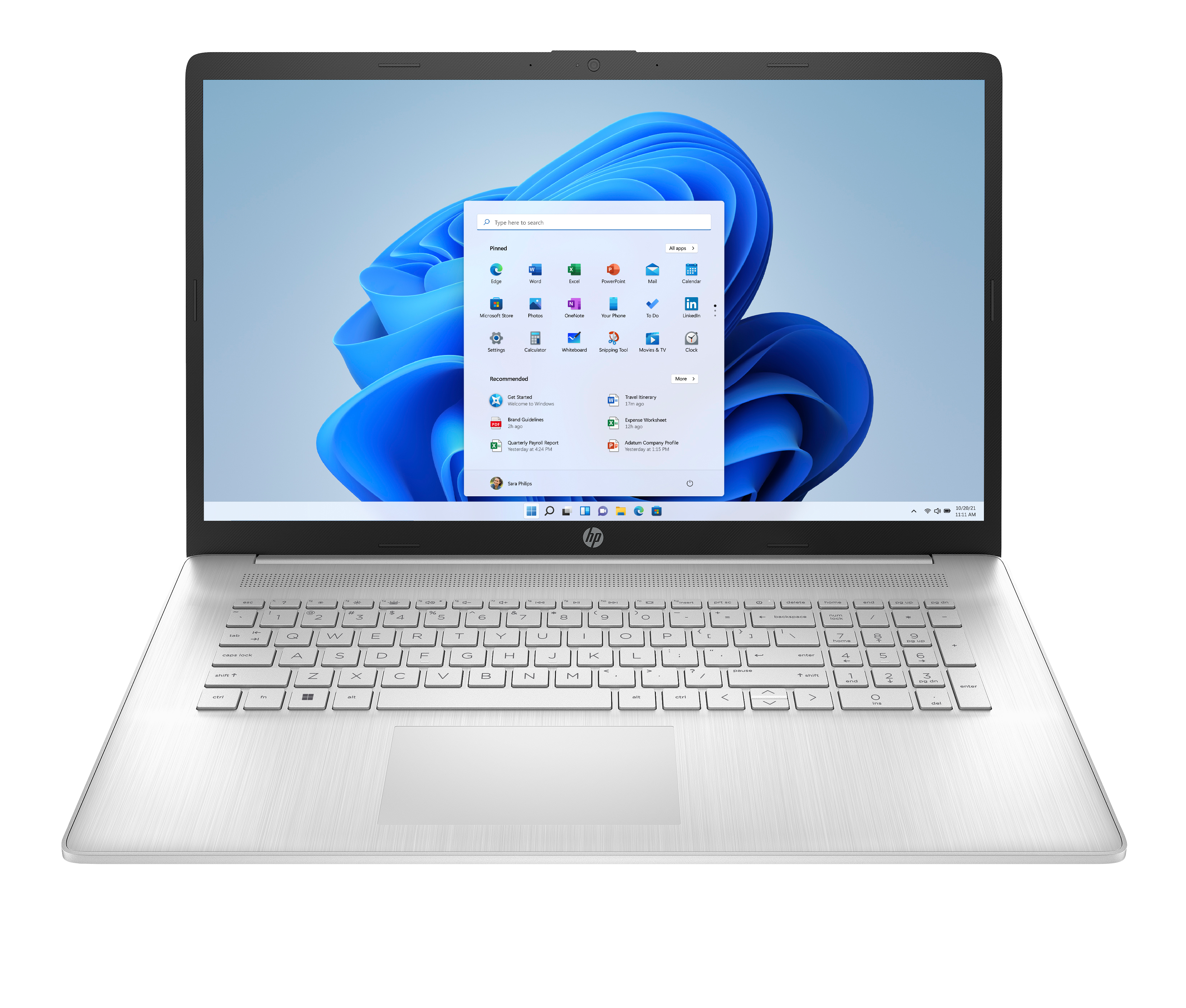 Srebrny laptop HP otwarty, z interfejsem Windows 11. Klawiatura widoczna. Białe tło.