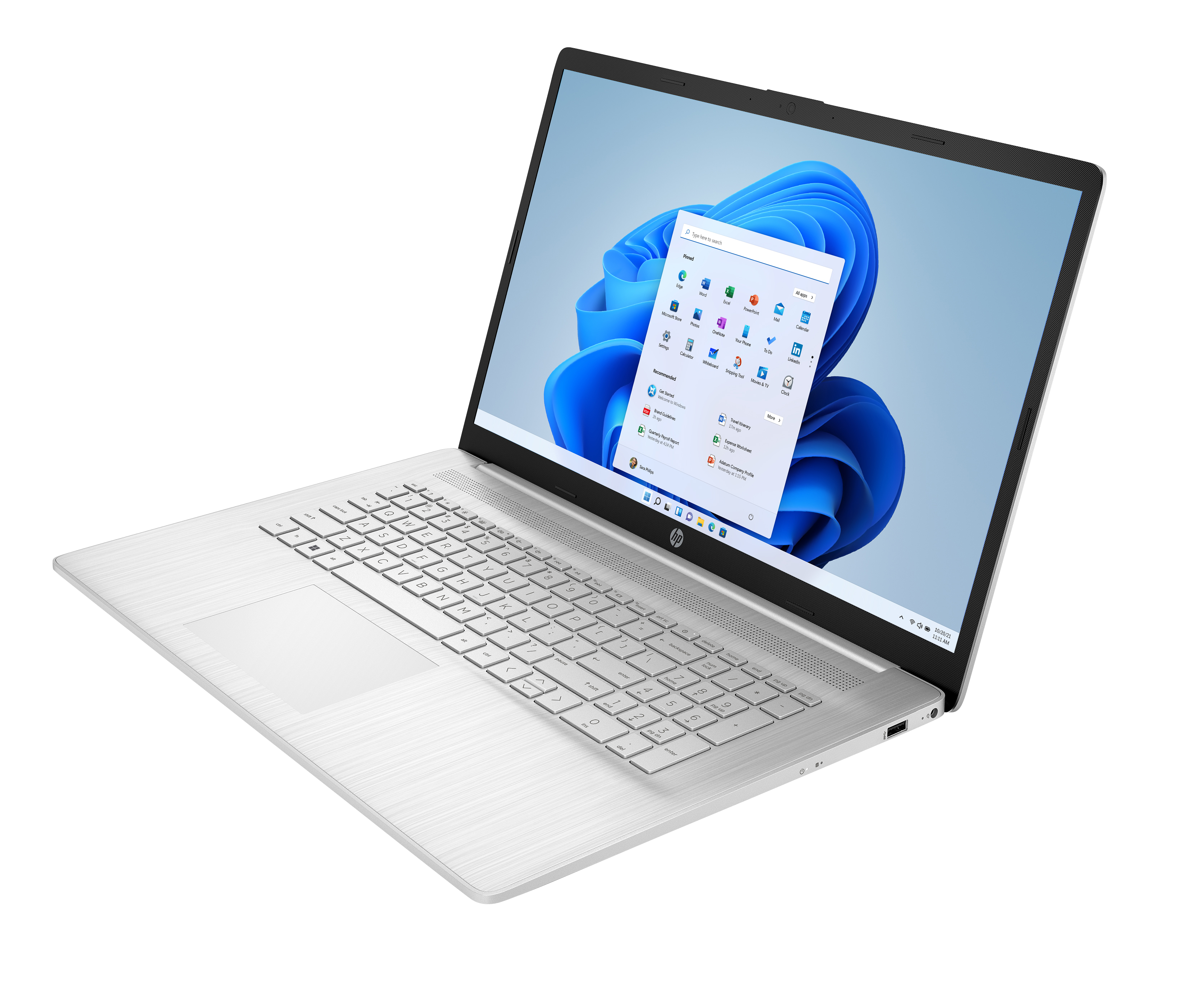 Srebrny laptop wyświetla interfejs Windows 11. Ekran pokazuje ikony aplikacji i niebieskie tło.