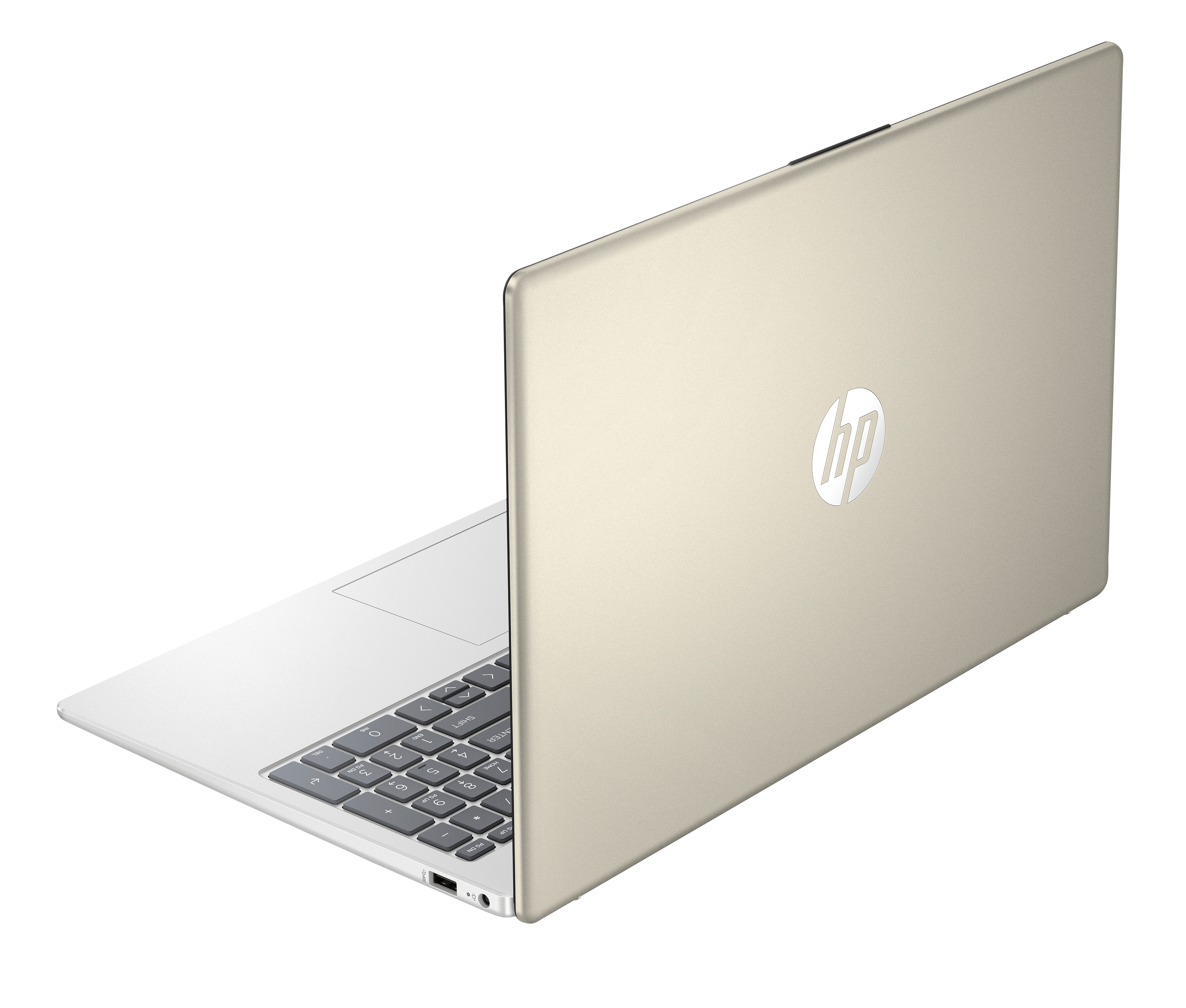 Beżowy laptop HP jest pokazany otwarty na czarnym tle. Logo HP jest widoczne na pokrywie.