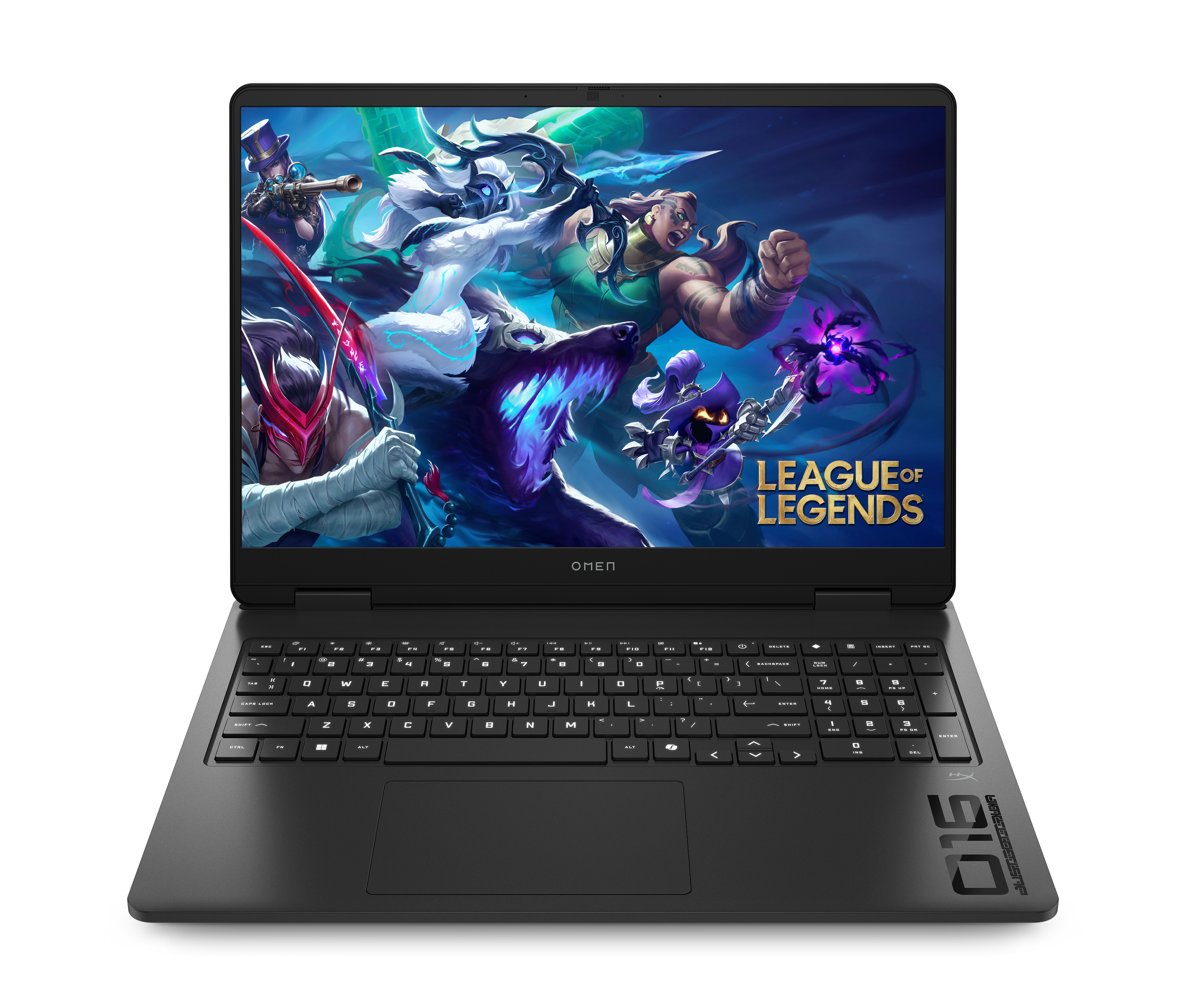 Laptop z League of Legends. Czarna klawiatura i ekran. Widoczne logo OMEN.