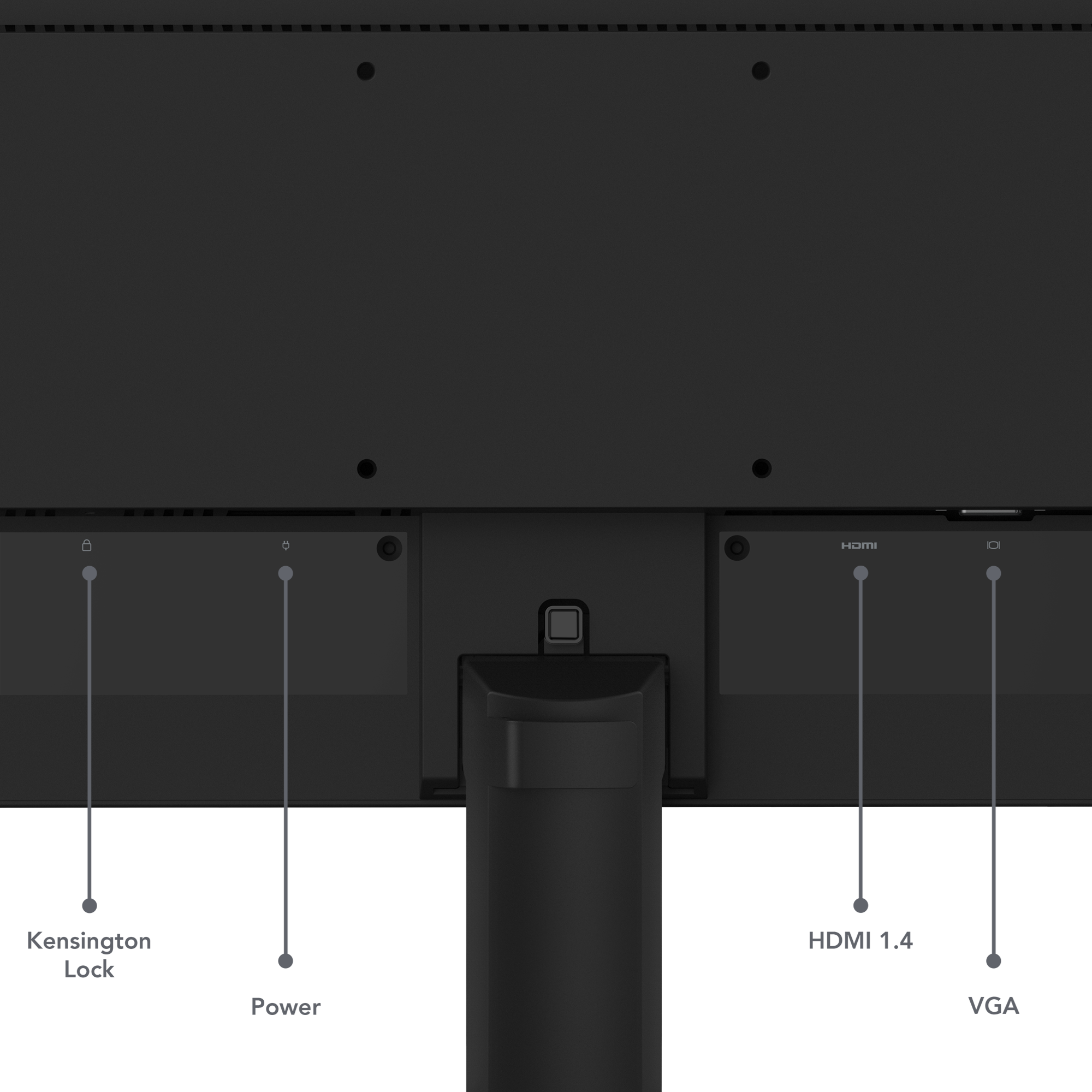 Tył czarnego monitora, pokazujący blokadę Kensington, zasilanie, porty HDMI 1.4 i VGA. Dołączony stojak.