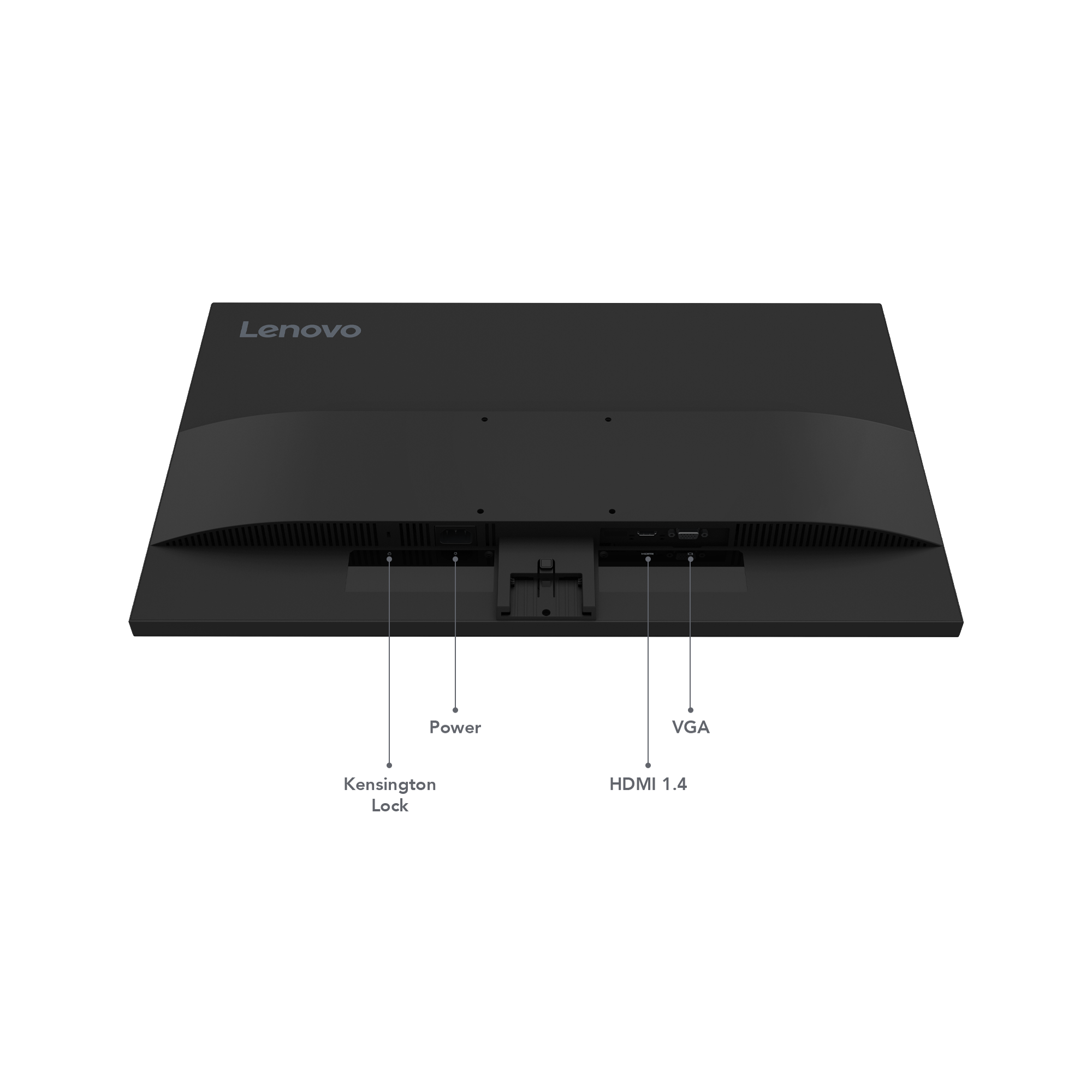Widok z tyłu czarnego monitora Lenovo. Porty: zasilanie, Kensington Lock, HDMI i VGA.