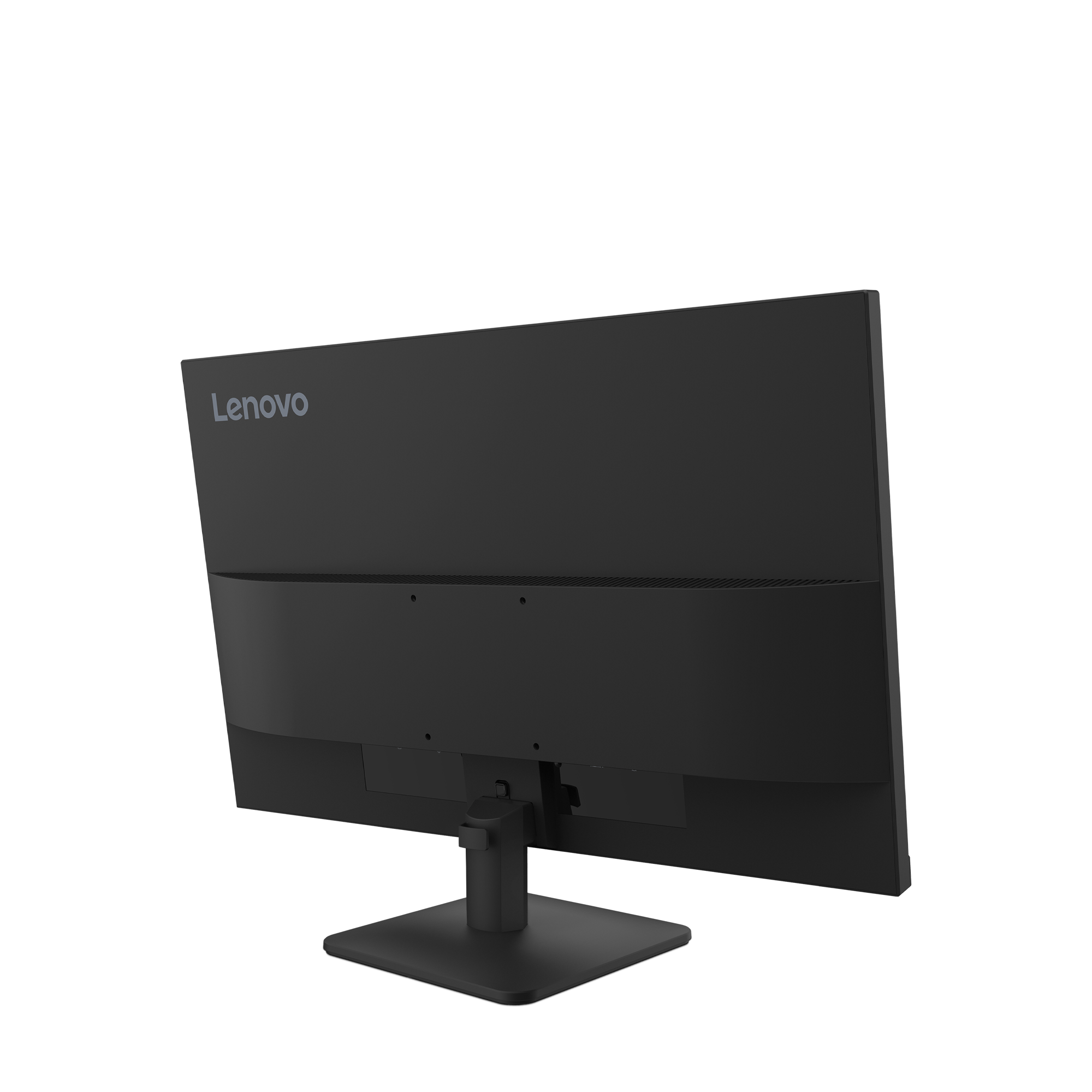 Tył czarnego monitora Lenovo na białym tle. Monitor stoi na czarnym stojaku.