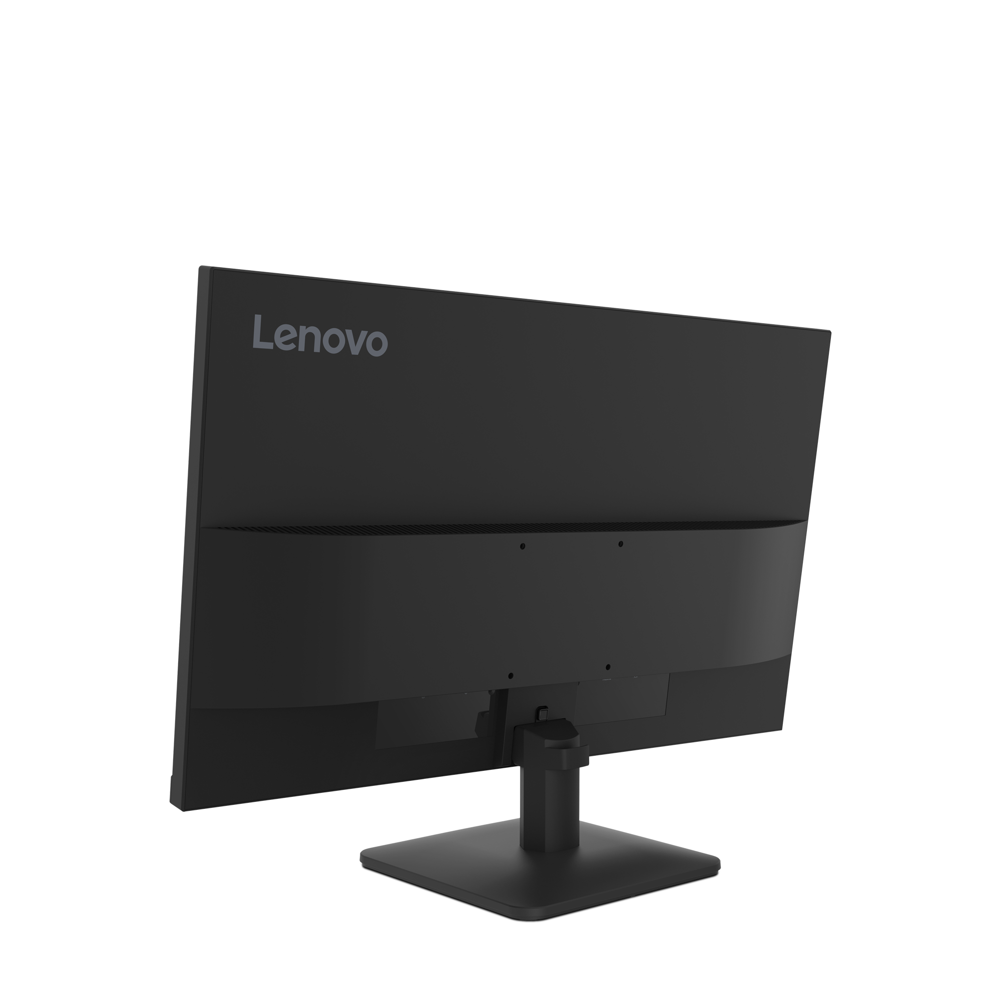 Widok z tyłu czarnego monitora Lenovo. Monitor stoi na czarnym stojaku. Widoczne jest logo Lenovo.