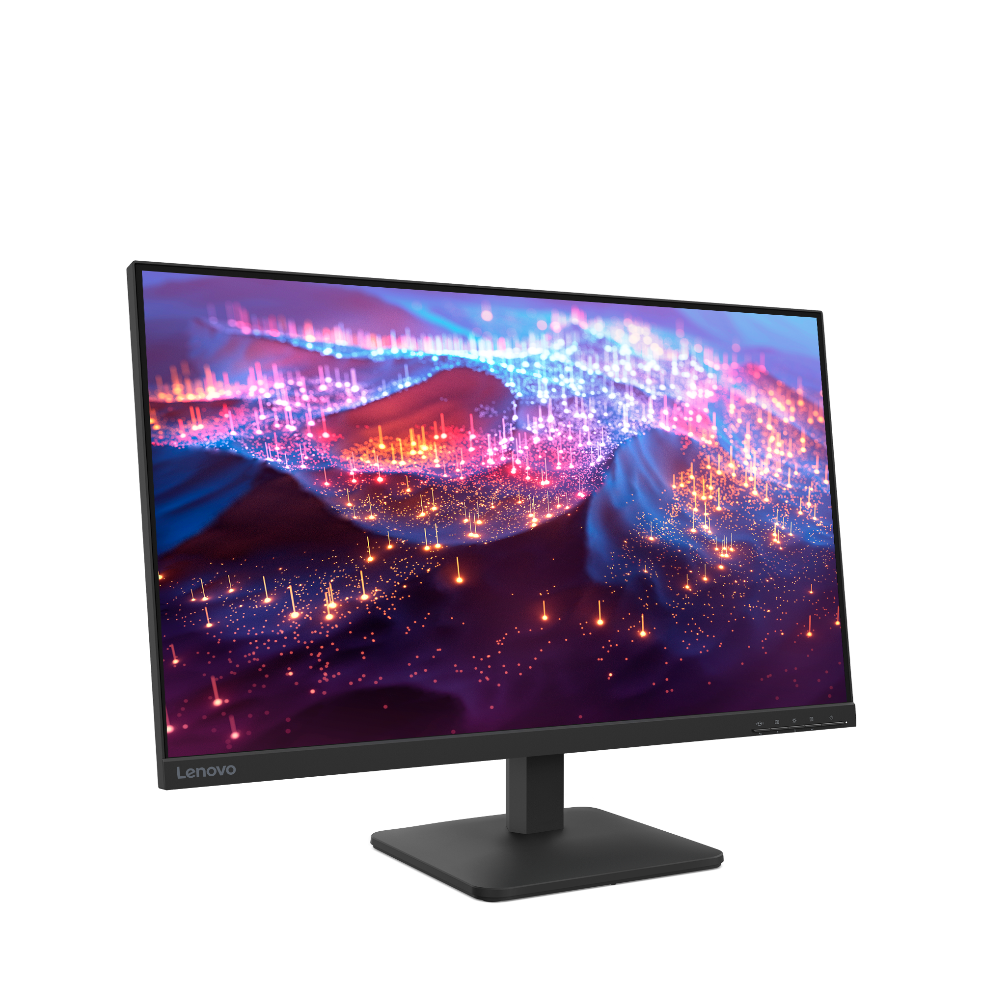 Monitor Lenovo wyświetla kolorowy, abstrakcyjny obraz. Monitor jest czarny i stoi na czarnej podstawie.