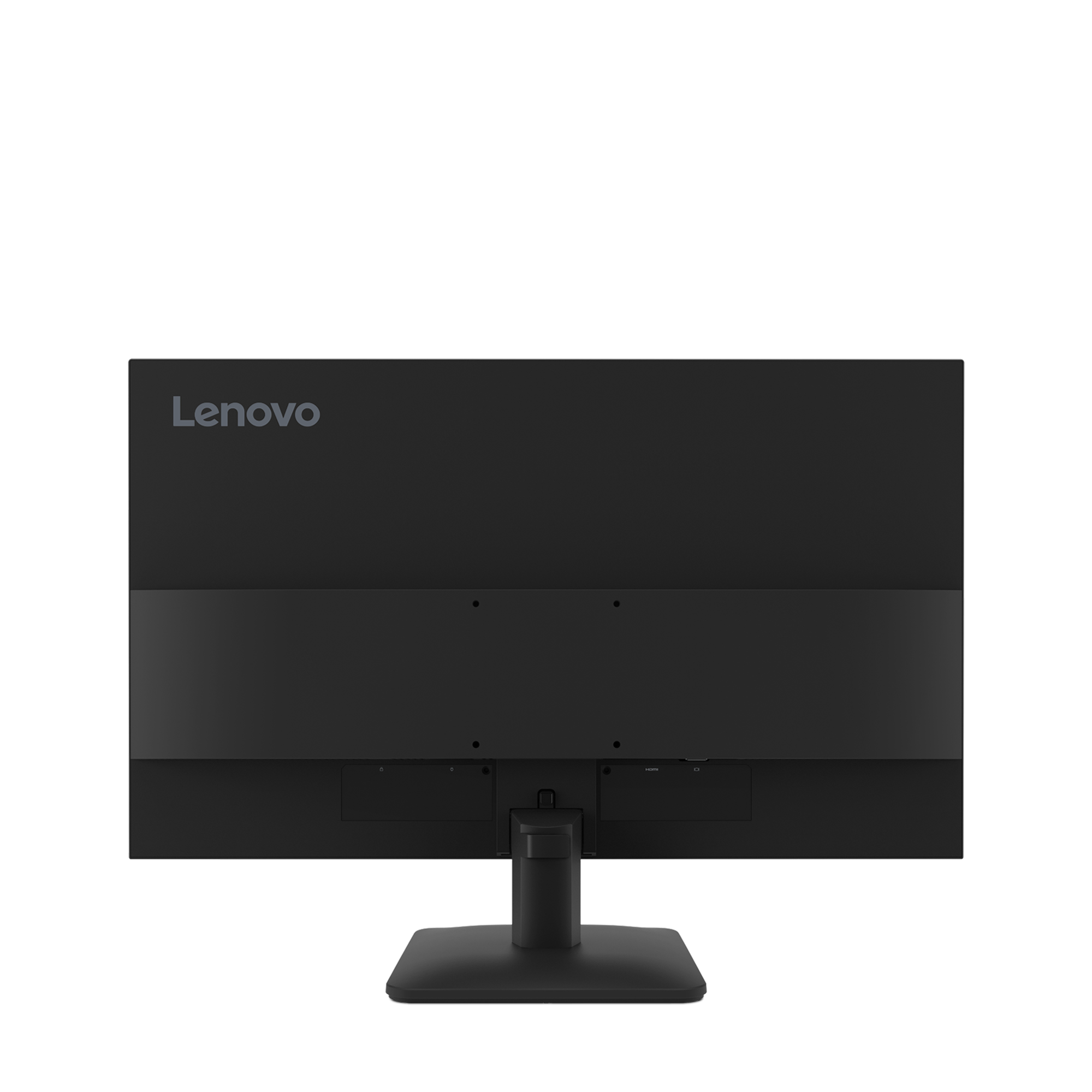 Tył czarnego monitora Lenovo ze stojakiem, portami i logo. Na białym tle.