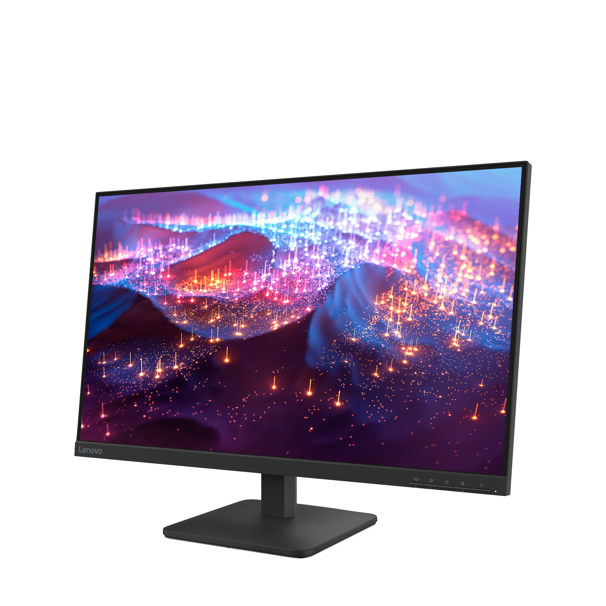 Monitor Lenovo wyświetla kolorowy, abstrakcyjny obraz. Ma czarną ramkę i podstawkę. Widoczne jest logo Lenovo.