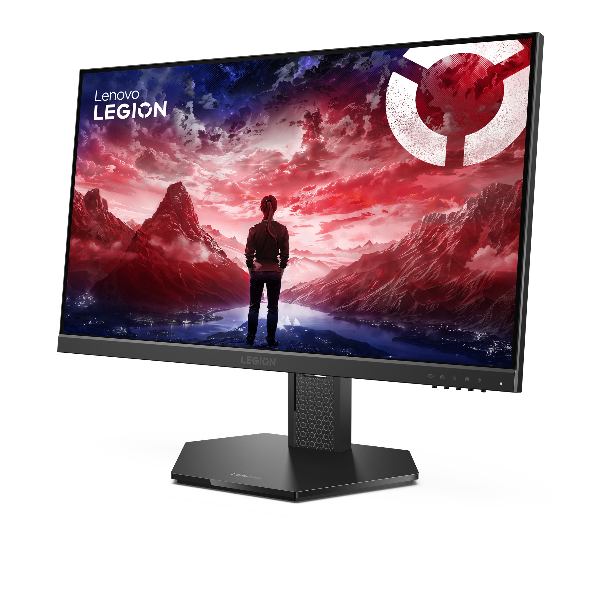Monitor Lenovo Legion wyświetla krajobraz z osobą. Niebo jest czerwone i niebieskie. Monitor stoi na czarnej powierzchni.